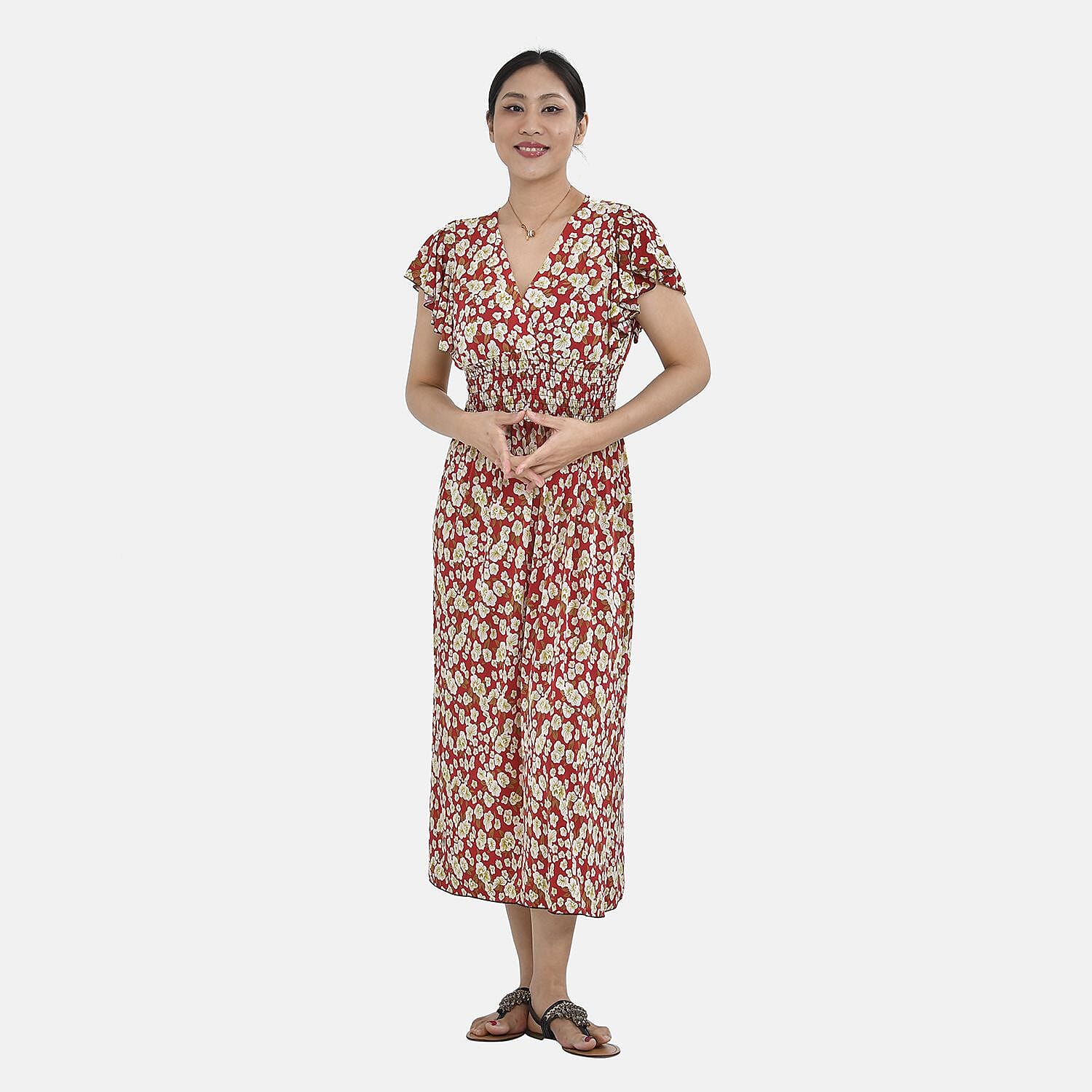 Tamsy Floral Pattern Maxi Dress with Flutter Sleeves (Size 125x30 cm) - Tan & White