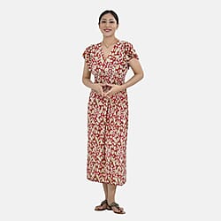 Tamsy Floral Pattern Smocked Waist Maxi Dress with Flutter Sleeves (One Size, 8-16) - Red