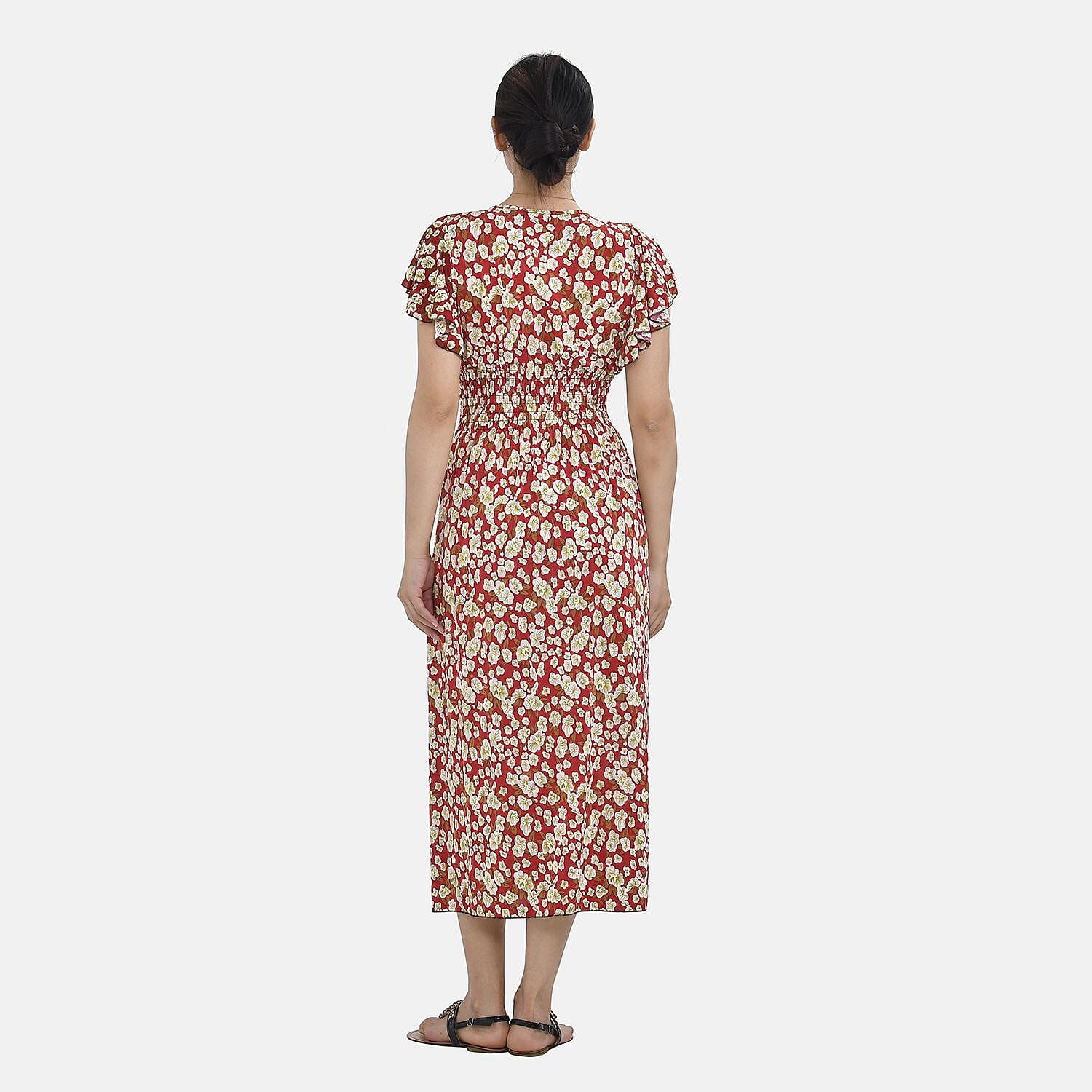 Tamsy Floral Pattern Maxi Dress with Flutter Sleeves (Size 125x30 cm) - Tan & White