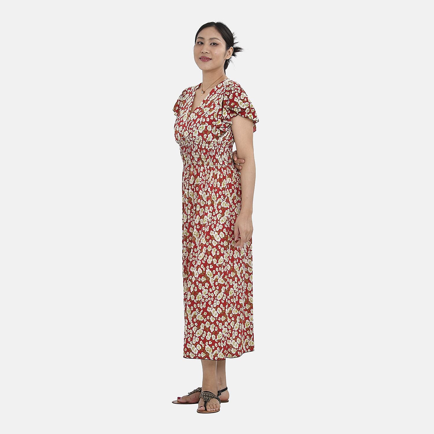 Tamsy Floral Pattern Maxi Dress with Flutter Sleeves (Size 125x30 cm) - Tan & White