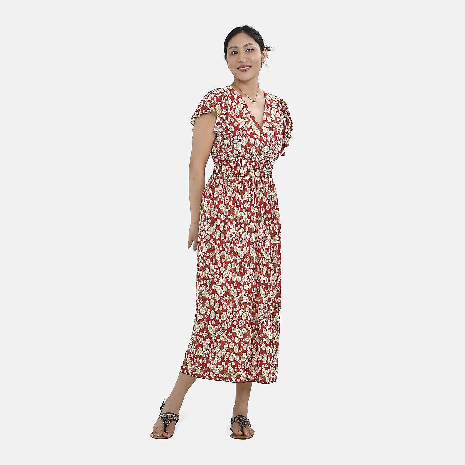 Tamsy Floral Pattern Maxi Dress with Flutter Sleeves (Size 125x30 cm) - Tan & White