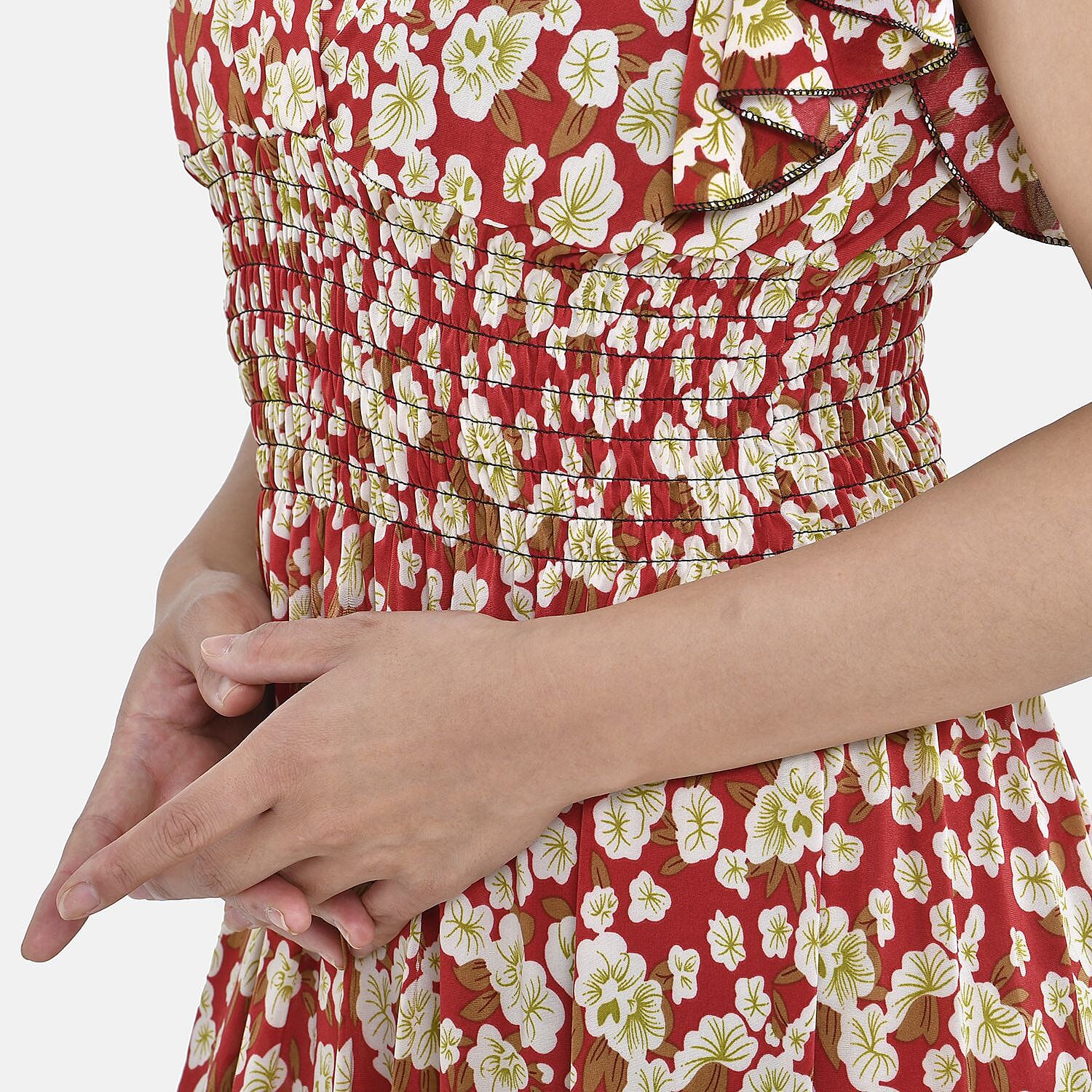 Tamsy Floral Pattern Maxi Dress with Flutter Sleeves (Size 125x30 cm) - Tan & White