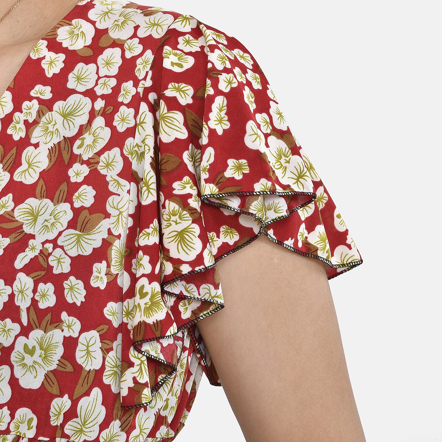 Tamsy Floral Pattern Maxi Dress with Flutter Sleeves (Size 125x30 cm) - Tan & White