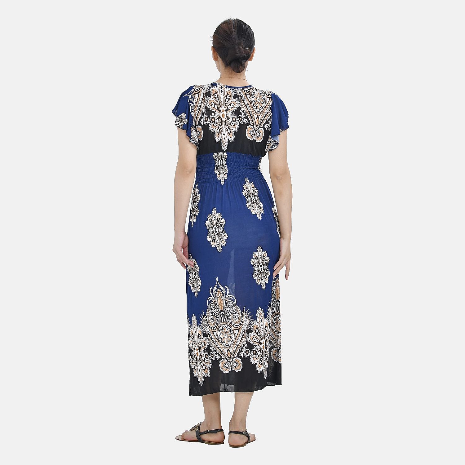 Tamsy Floral Pattern Maxi Dress with Flutter Sleeves (Size 125x30 cm) - Tan & White