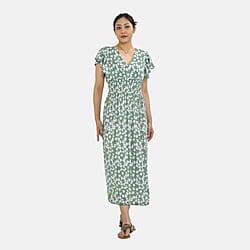 Tamsy Floral Pattern Maxi Dress with Flutter Sleeves (Size 125x30 cm) - Tan & White