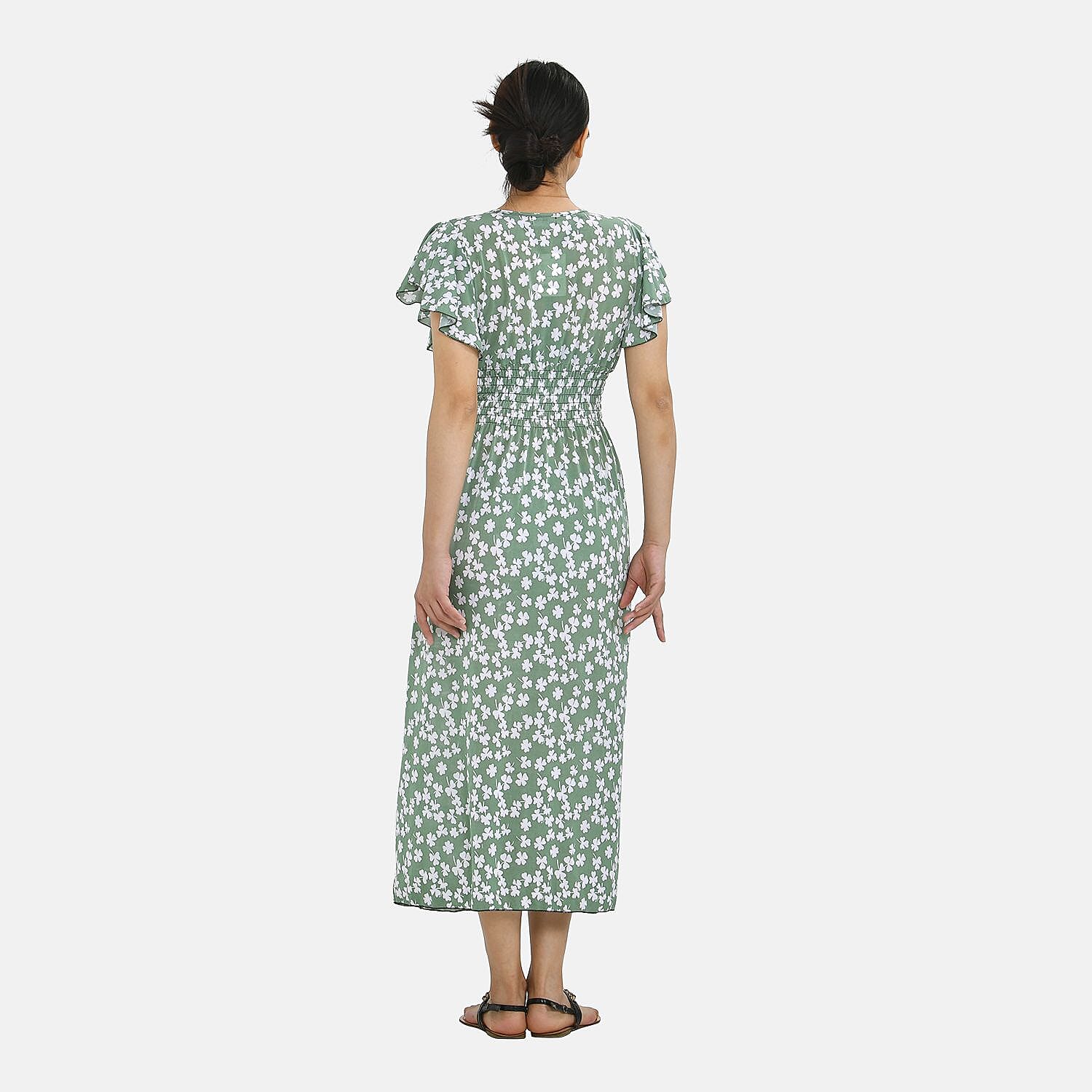 Tamsy Floral Pattern Maxi Dress with Flutter Sleeves (Size 125x30 cm) - Tan & White