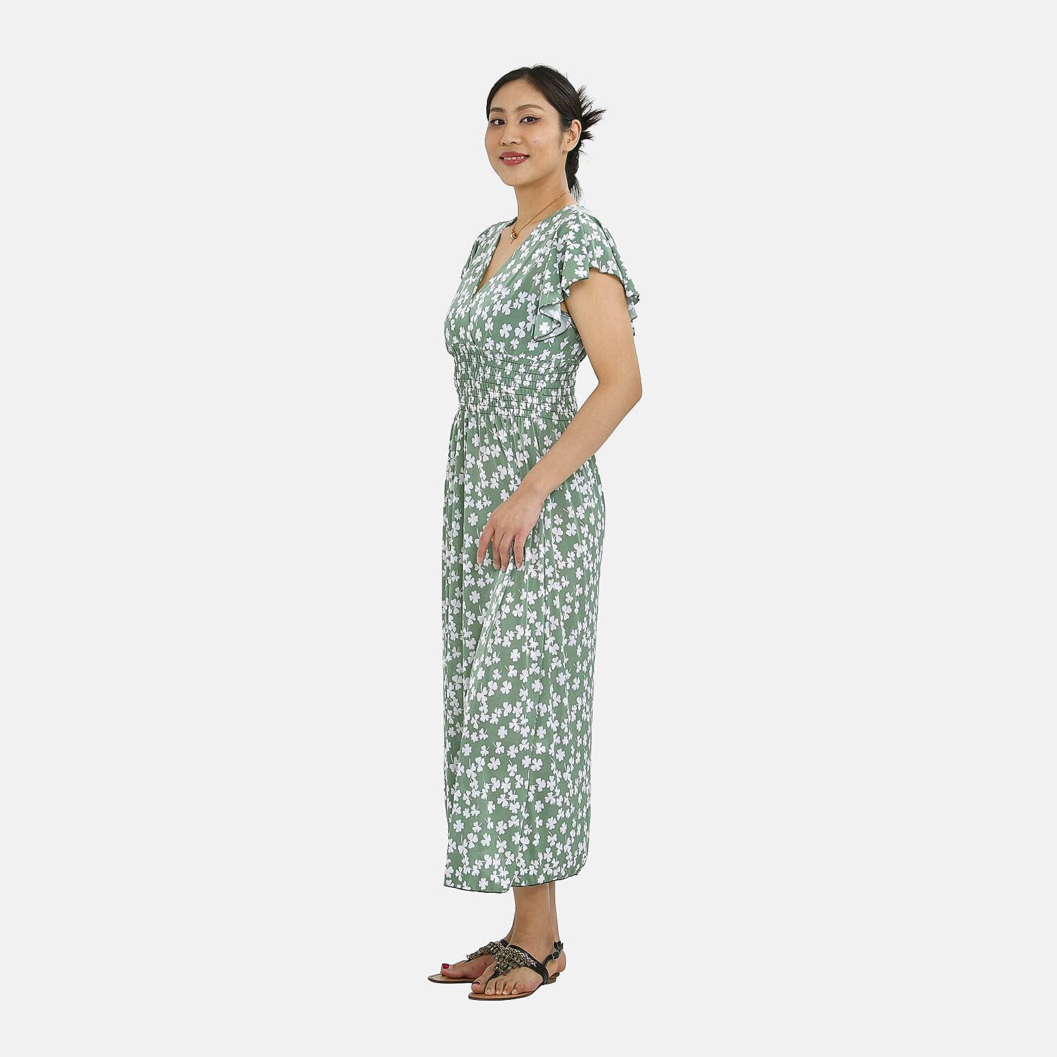 Tamsy Floral Pattern Maxi Dress with Flutter Sleeves (Size 125x30 cm) - Tan & White