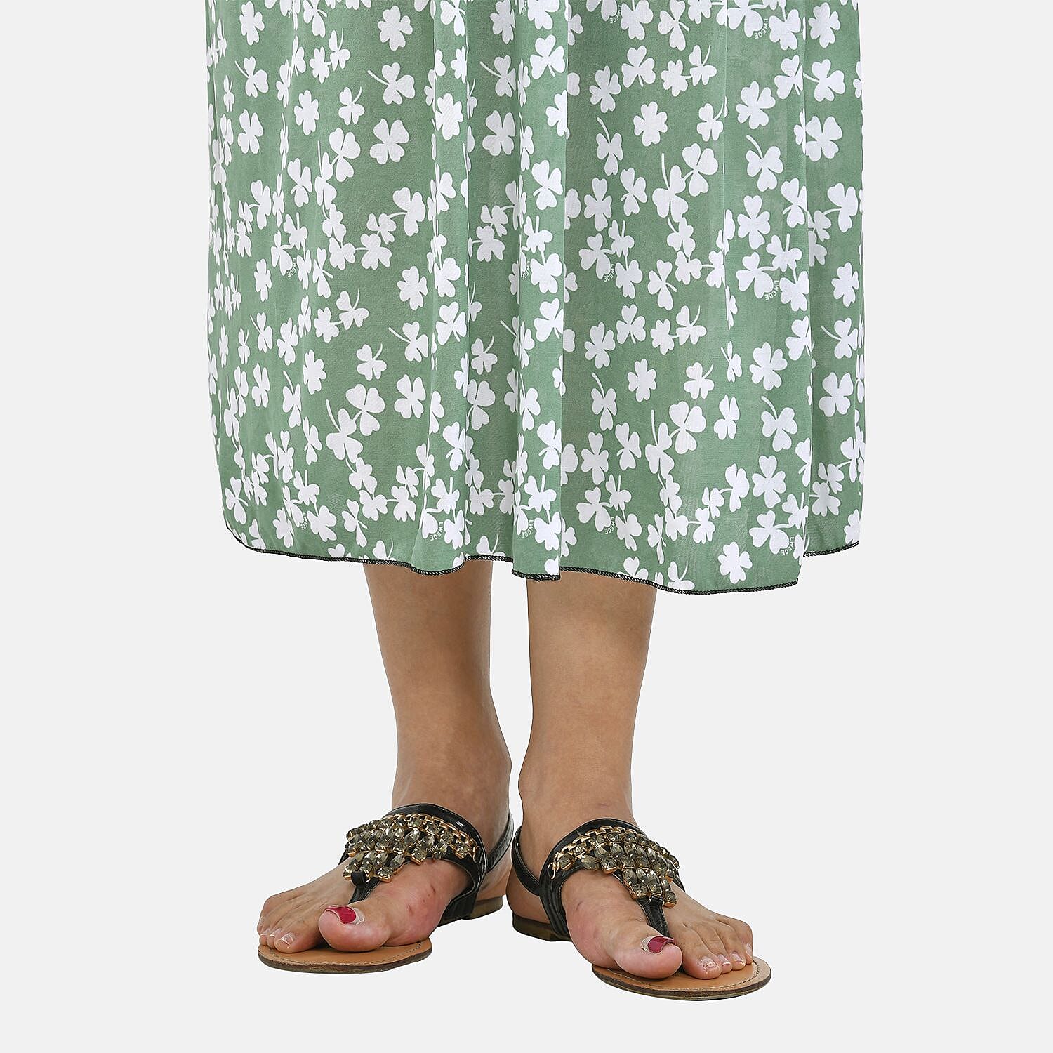 Tamsy Floral Pattern Maxi Dress with Flutter Sleeves (Size 125x30 cm) - Tan & White