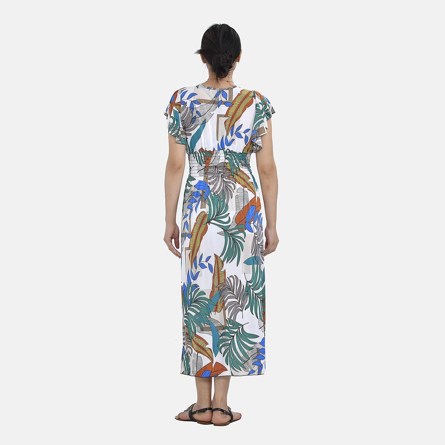 Tamsy Floral Pattern Maxi Dress with Flutter Sleeves (Size 125x30 cm) - Tan & White