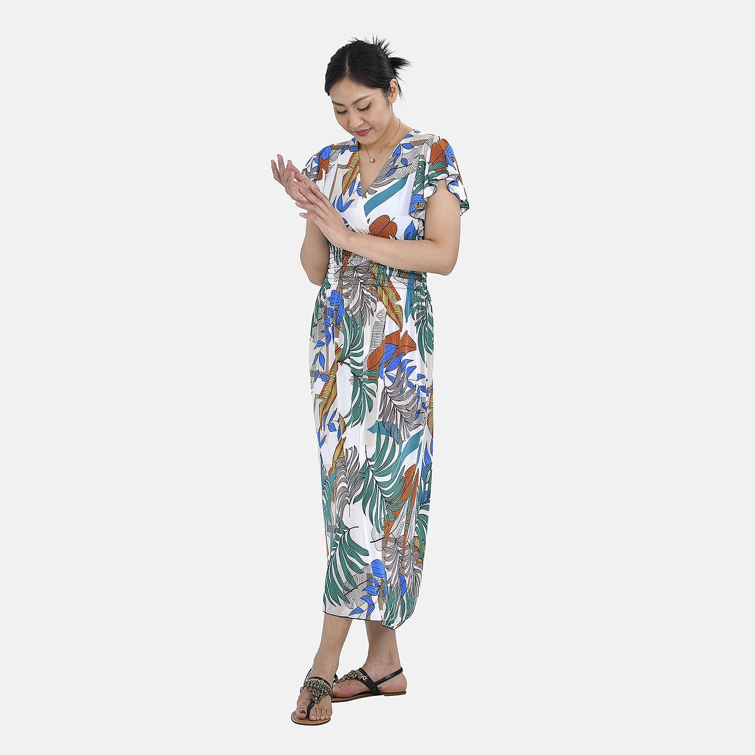 Tamsy Floral Pattern Maxi Dress with Flutter Sleeves (Size 125x30 cm) - Tan & White