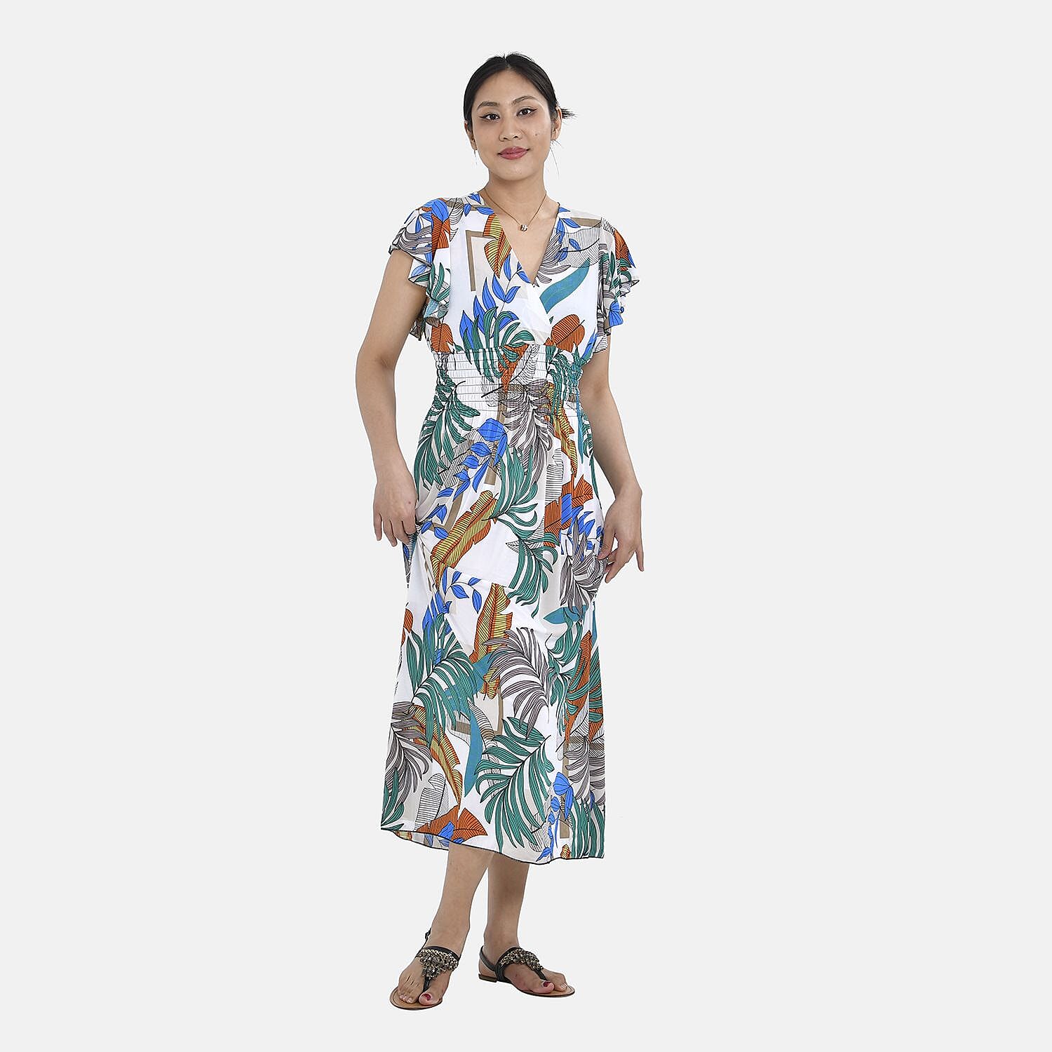 Tamsy Floral Pattern Maxi Dress with Flutter Sleeves (Size 125x30 cm) - Tan & White