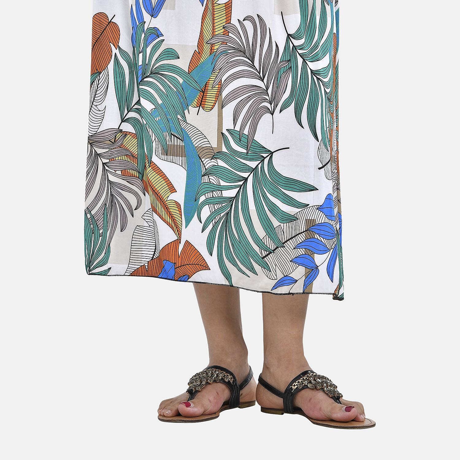 Tamsy Floral Pattern Maxi Dress with Flutter Sleeves (Size 125x30 cm) - Tan & White