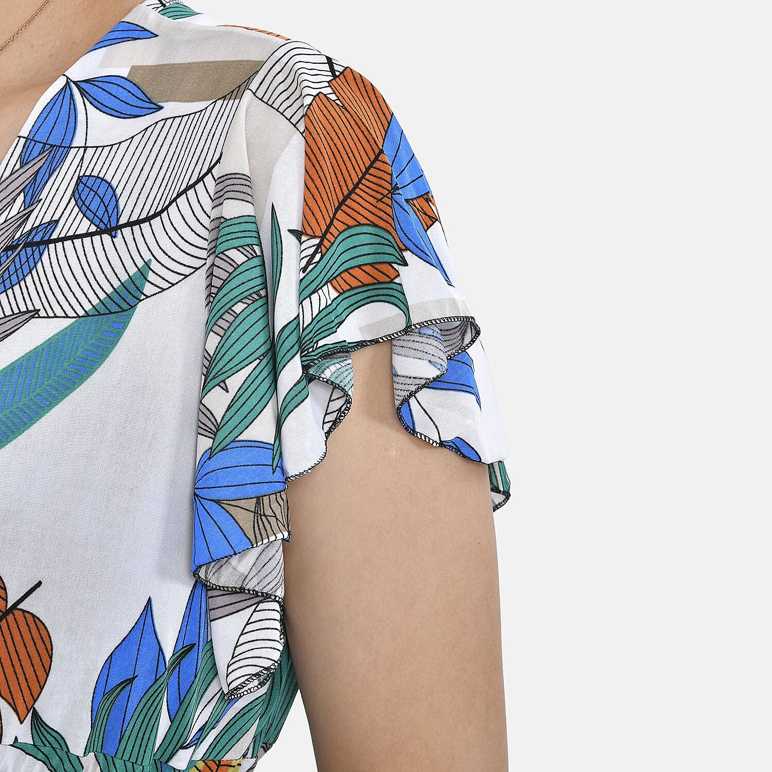 Tamsy Floral Pattern Maxi Dress with Flutter Sleeves (Size 125x30 cm) - Tan & White