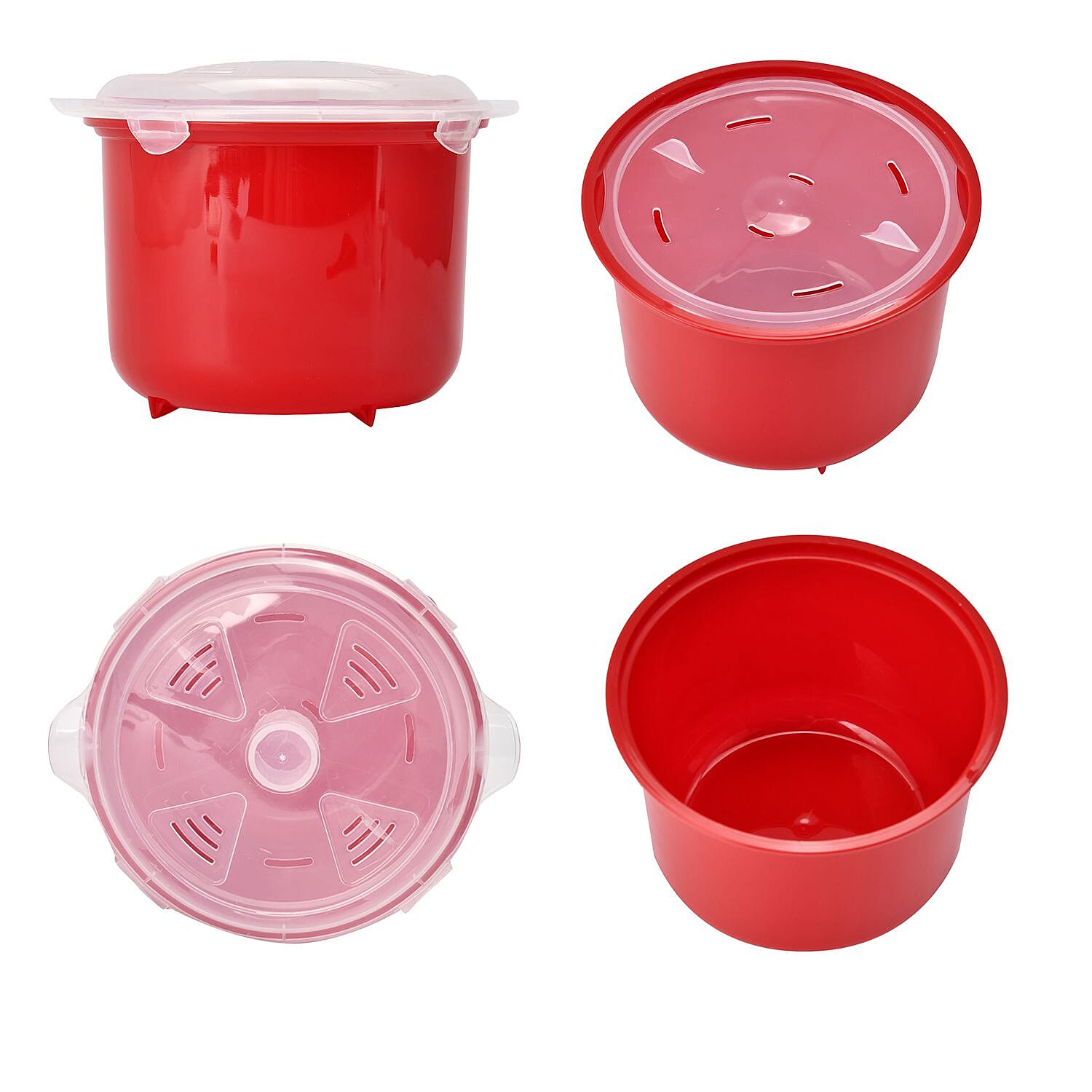 Microwave Rice Cooker with Rice Spoon (2.6L) - Red (Cook or Reheat with Built in Steam Vents and Lid)