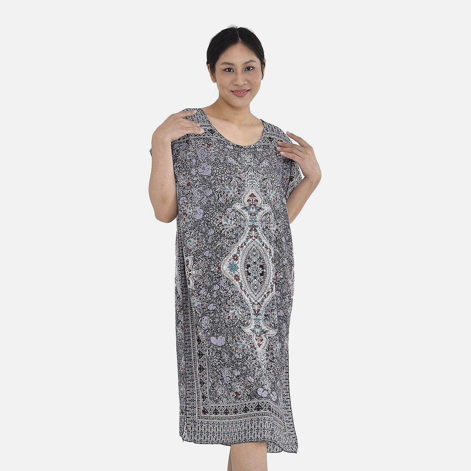 Closeout Deal - 100% Viscose Bohemian Pattern Kaftan (One Size 8-18) - Blue & Purple