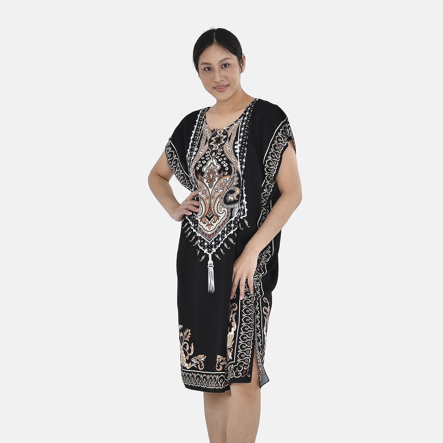 Closeout Deal - 100% Viscose Bohemian Pattern Kaftan (One Size 8-18) - Black