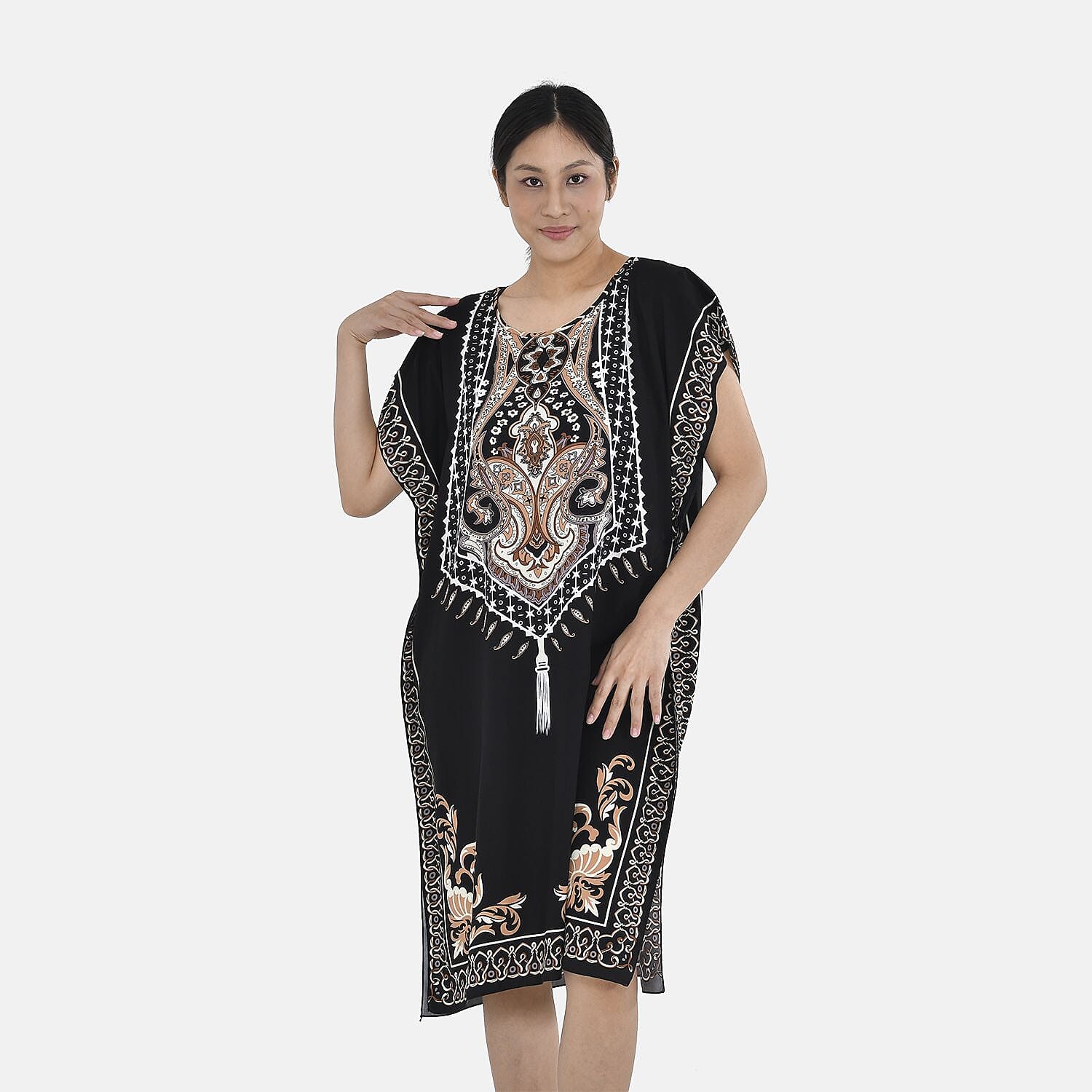 Closeout Deal - 100% Viscose Bohemian Pattern Kaftan (One Size 8-18) - Black