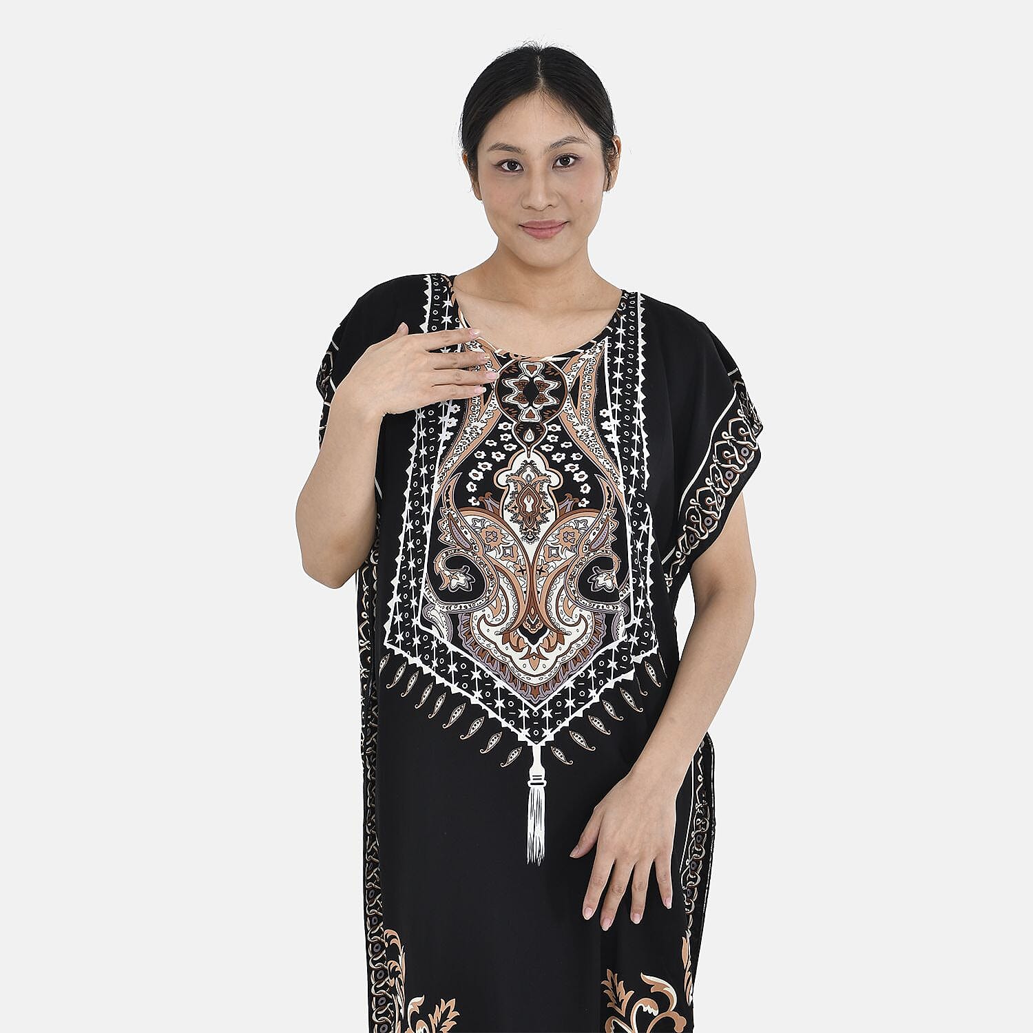 Closeout Deal - 100% Viscose Bohemian Pattern Kaftan (One Size 8-18) - Black