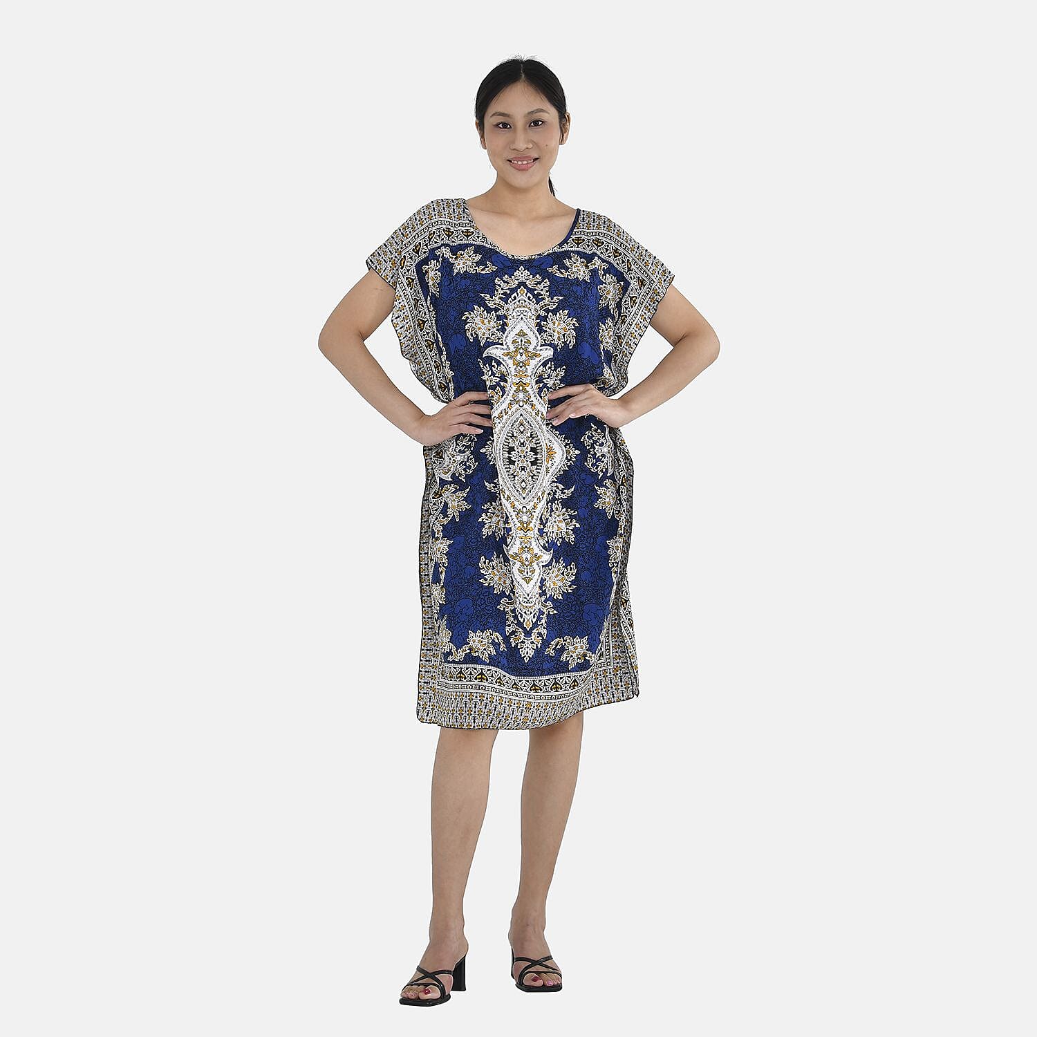 Closeout Deal - 100% Viscose Bohemian Pattern Kaftan (One Size 8-18) - Navy Blue