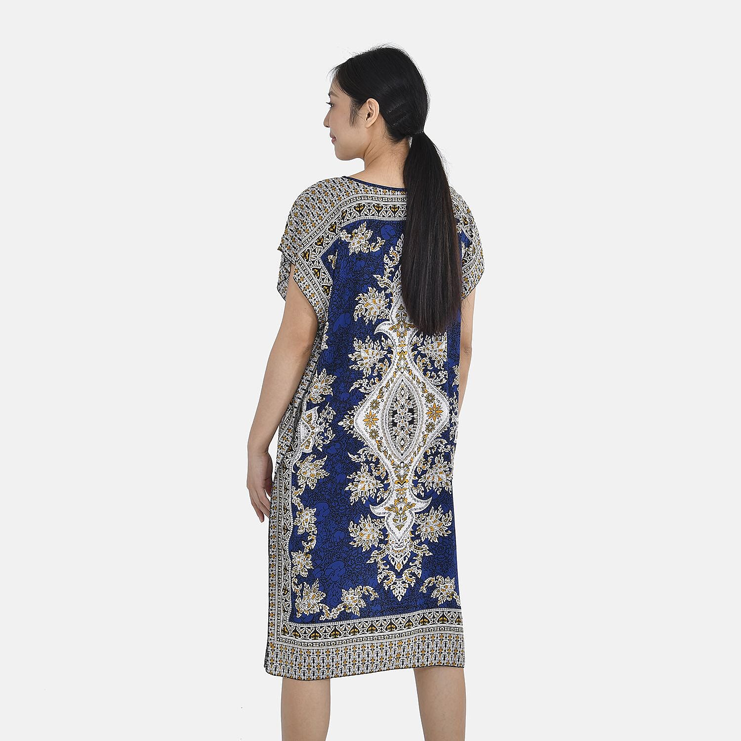 Closeout Deal - 100% Viscose Bohemian Pattern Kaftan (One Size 8-18) - Navy Blue