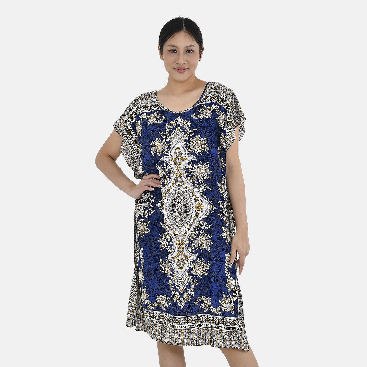 Closeout Deal - 100% Viscose Bohemian Pattern Kaftan (One Size 8-18) - Navy Blue