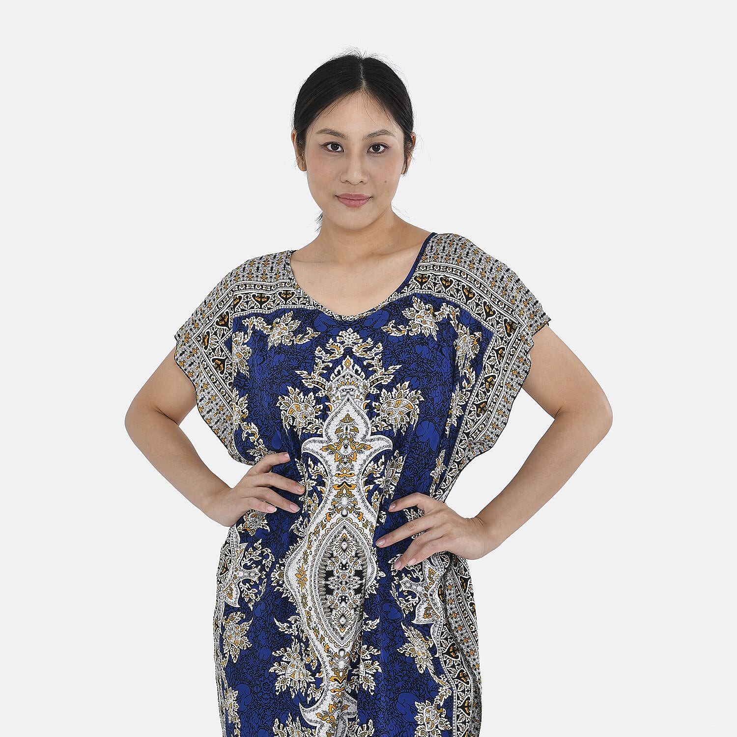 Closeout Deal - 100% Viscose Bohemian Pattern Kaftan (One Size 8-18) - Navy Blue