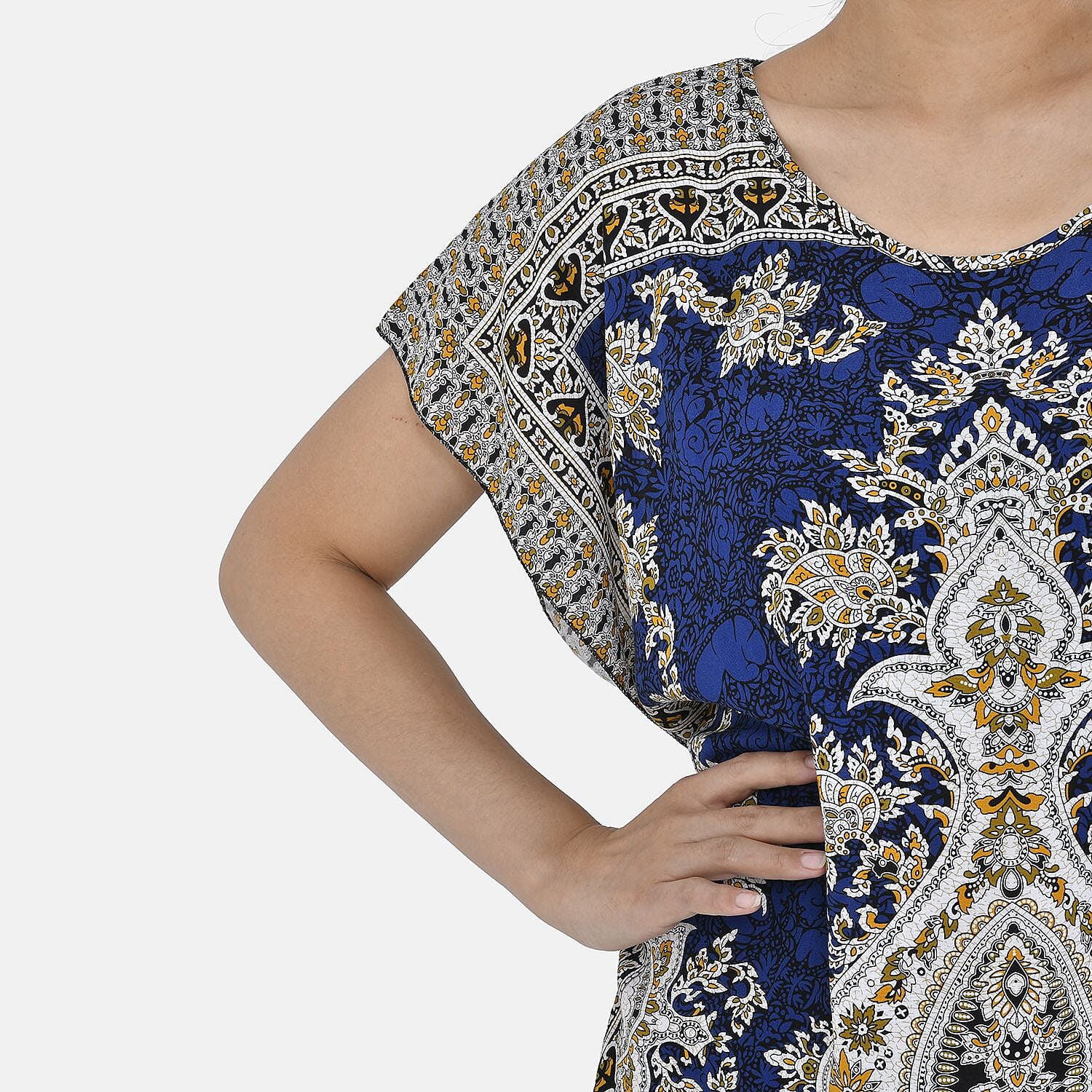 Closeout Deal - 100% Viscose Bohemian Pattern Kaftan (One Size 8-18) - Navy Blue