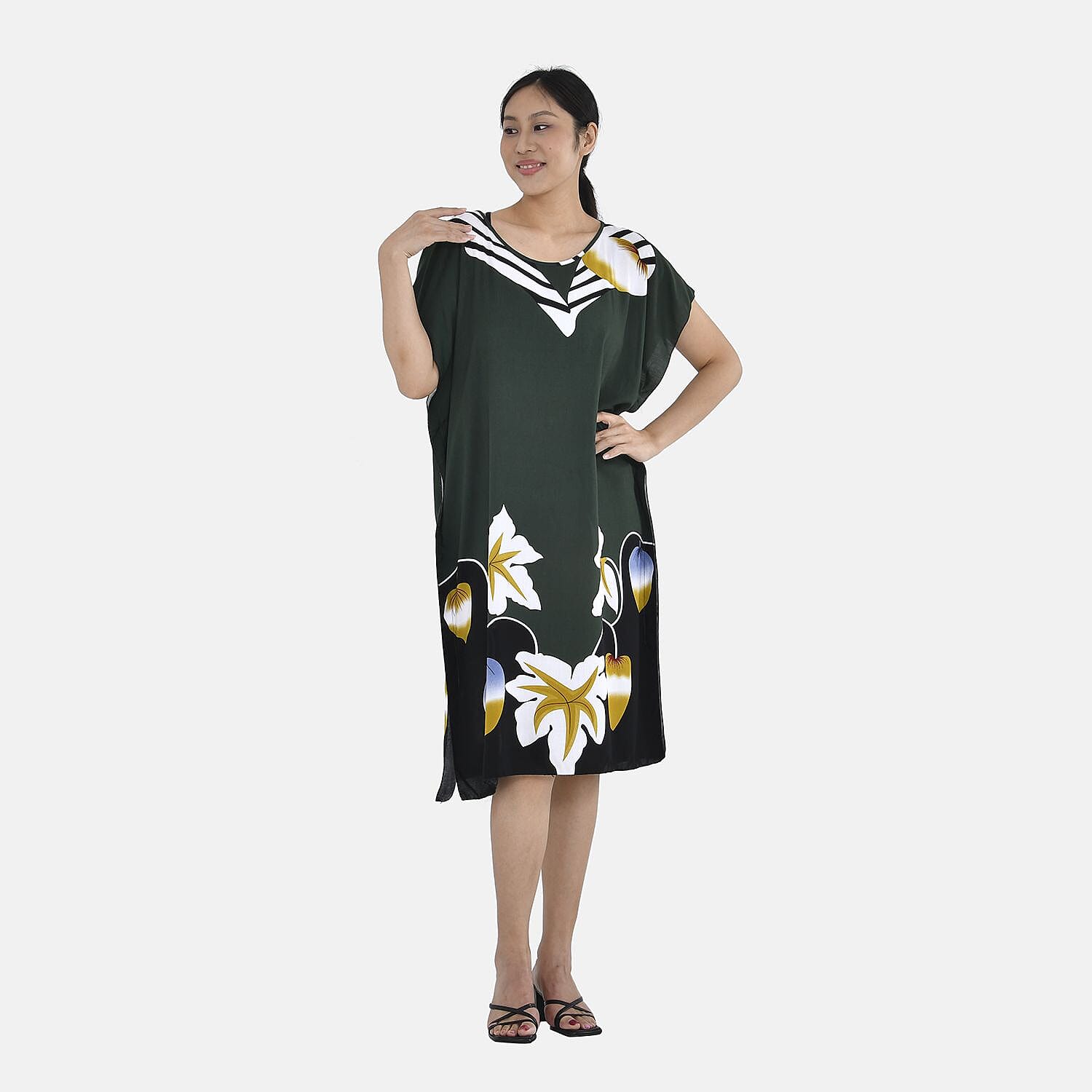 Closeout Deal - 100% Viscose Bohemian Pattern Kaftan (One Size 8-18) - Green & Black