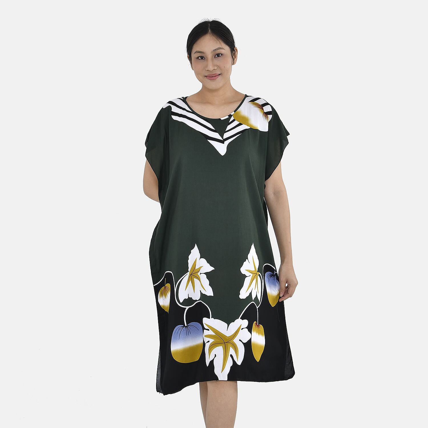 Closeout Deal - 100% Viscose Bohemian Pattern Kaftan (One Size 8-18) - Green & Black