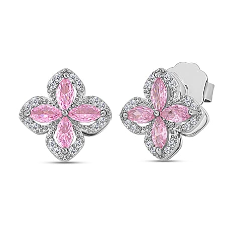 Simulated Pink & White Diamond Clover Earrings with Push Back in Silver Tone 3.50 Ct.