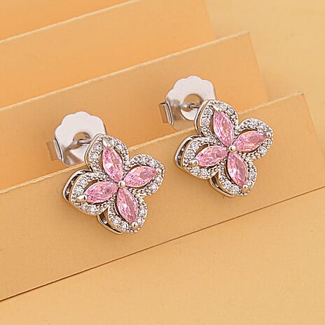 Simulated Pink & White Diamond Clover Earrings with Push Back in Silver Tone 3.50 Ct.