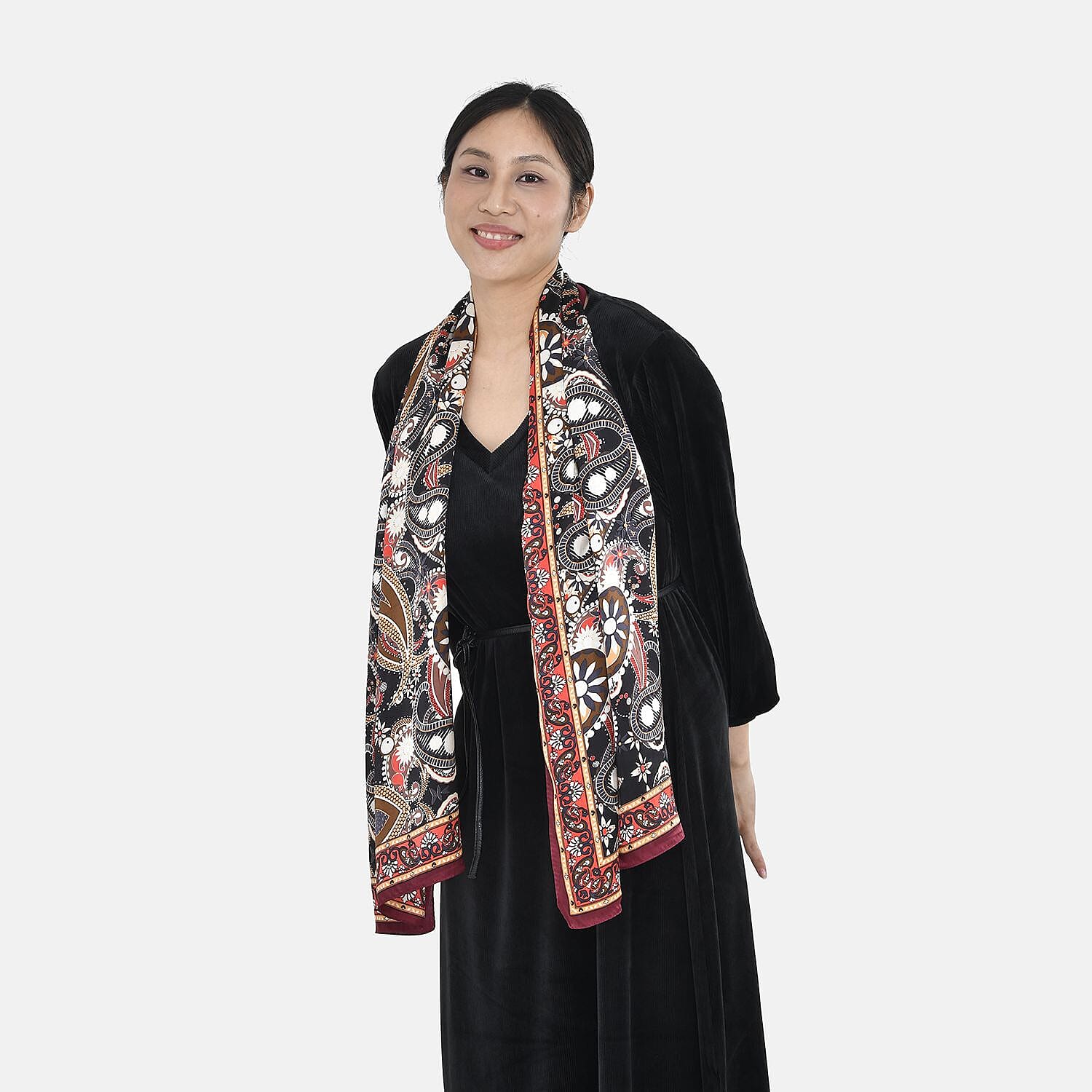 LA MAREY 100% Mulberry Silk Indian Pattern Scarf (Size 168x53 cm) - Black and Multi