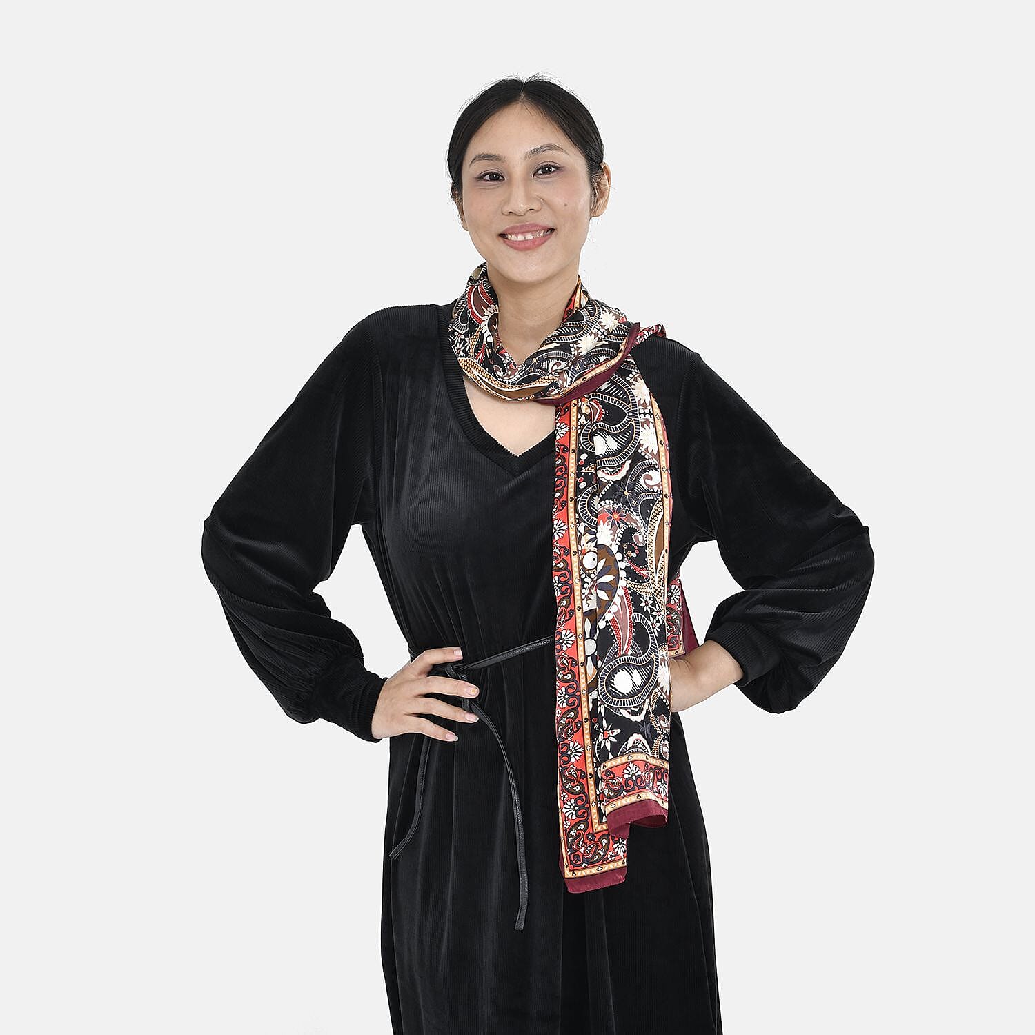 LA MAREY 100% Mulberry Silk Indian Pattern Scarf (Size 168x53 cm) - Black and Multi