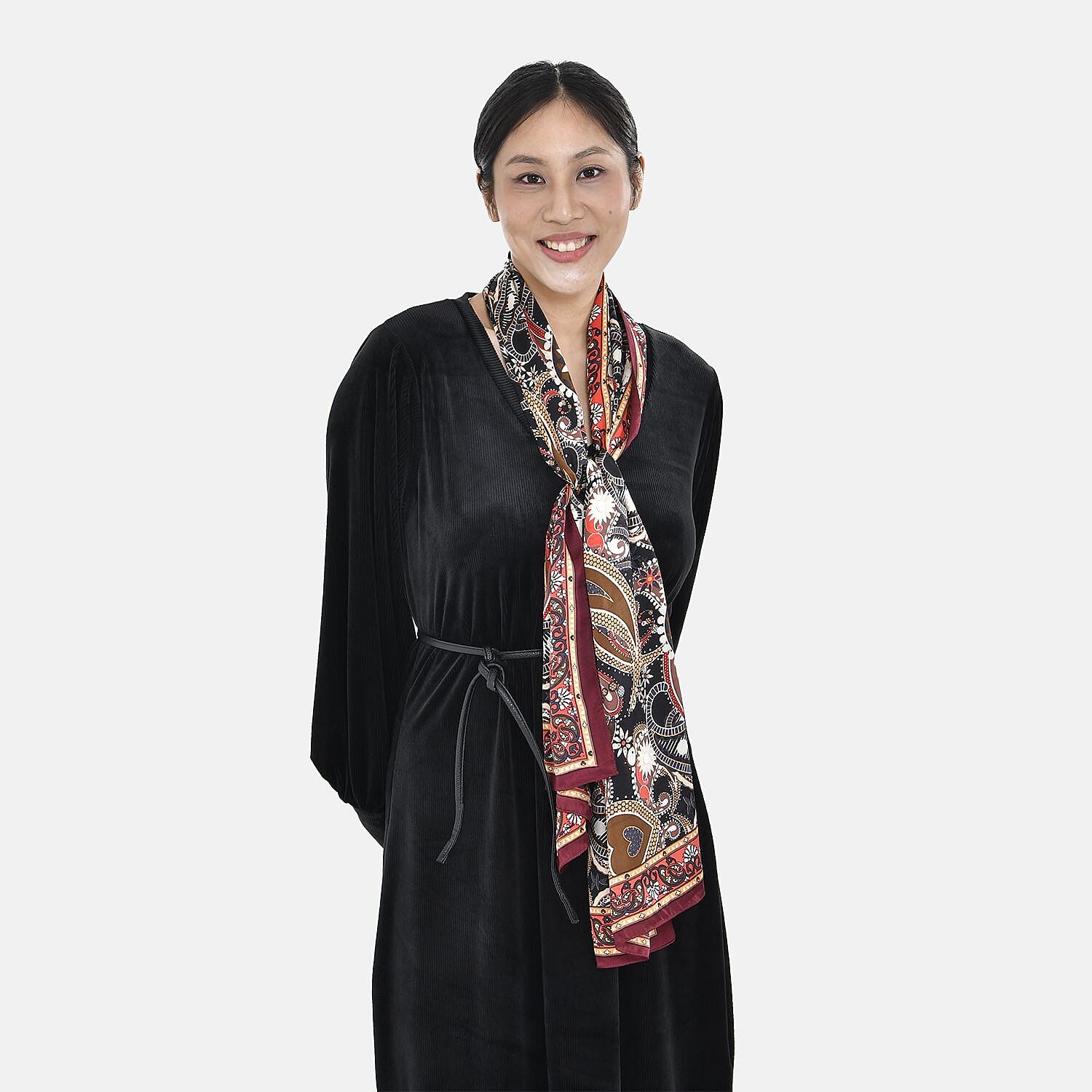 LA MAREY 100% Mulberry Silk Indian Pattern Scarf (Size 168x53 cm) - Black and Multi