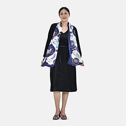 LA MAREY 100% Mulberry Silk Carriage Pattern Scarf (Size 170x55 cm) - Dark Blue and Cream