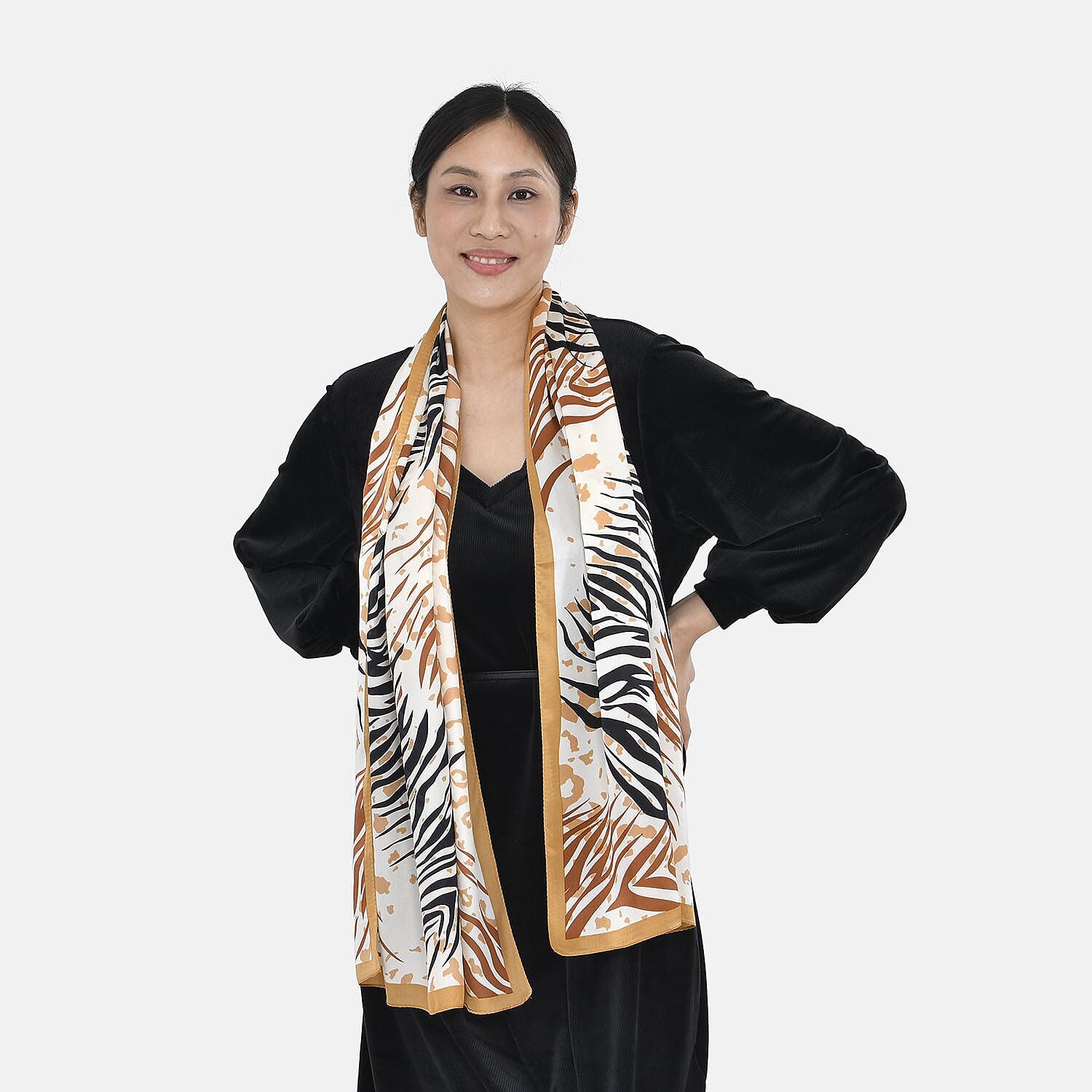 LA MAREY 100% Mulberry Silk Tiger Pattern Scarf (Size 168x55 cm) - Black Gold and Brown