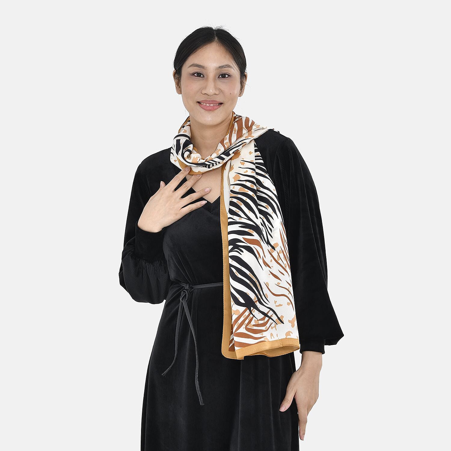 LA MAREY 100% Mulberry Silk Tiger Pattern Scarf (Size 168x55 cm) - Black Gold and Brown