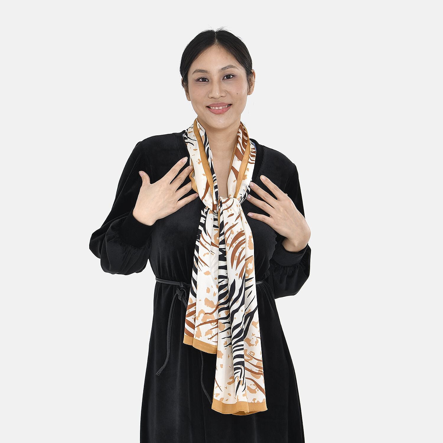 LA MAREY 100% Mulberry Silk Tiger Pattern Scarf (Size 168x55 cm) - Black Gold and Brown