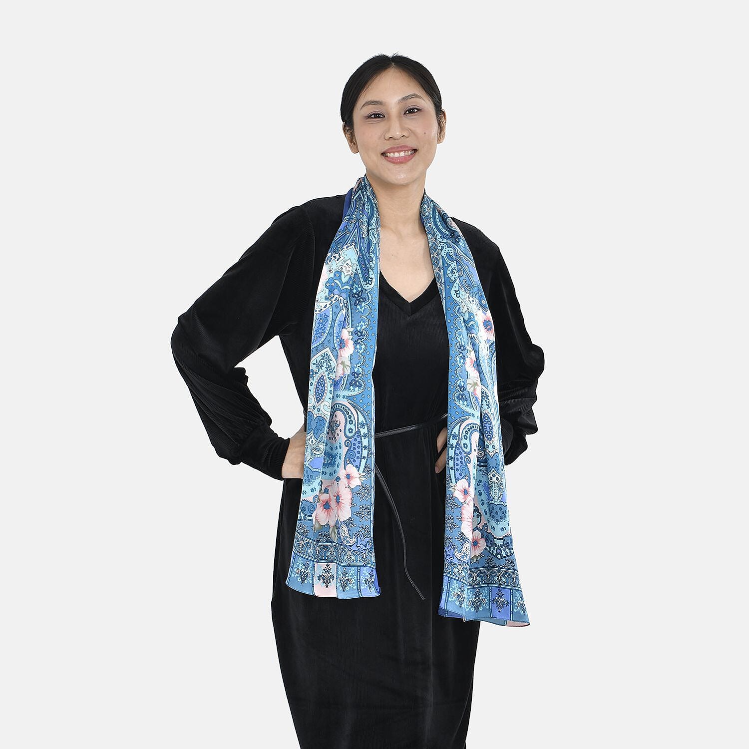 LA MAREY 100% Mulberry Silk Peach Pattern Scarf (Size 170x53 cm) - Blue and Multi