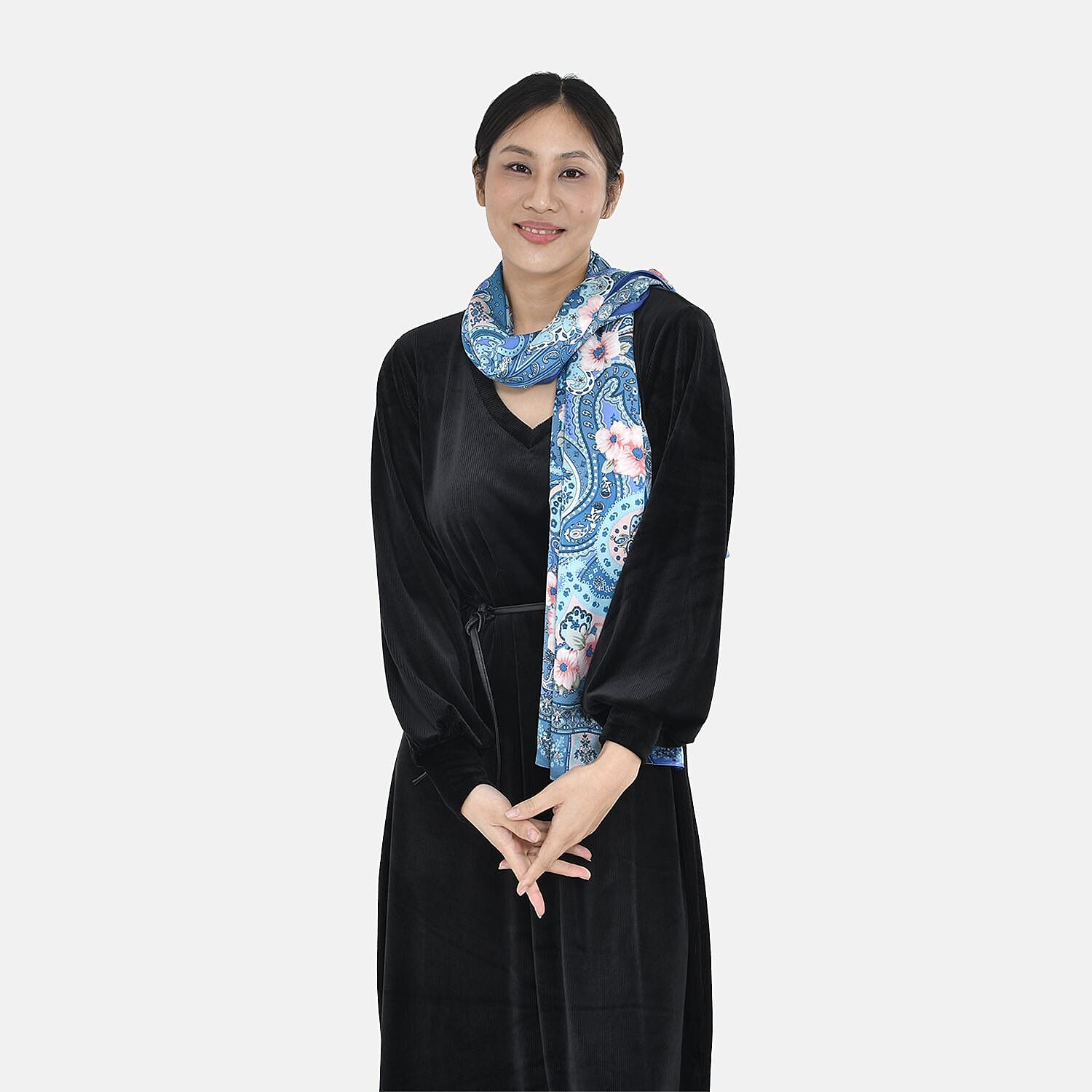 LA MAREY 100% Mulberry Silk Peach Pattern Scarf (Size 170x53 cm) - Blue and Multi