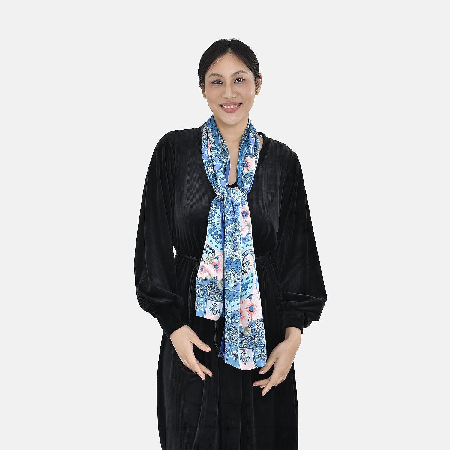 LA MAREY 100% Mulberry Silk Peach Pattern Scarf (Size 170x53 cm) - Blue and Multi