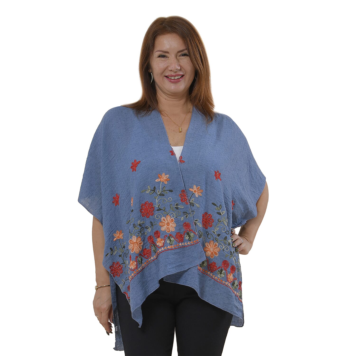 Tamsy Floral Embroidery Kimono (One Size) - Blue