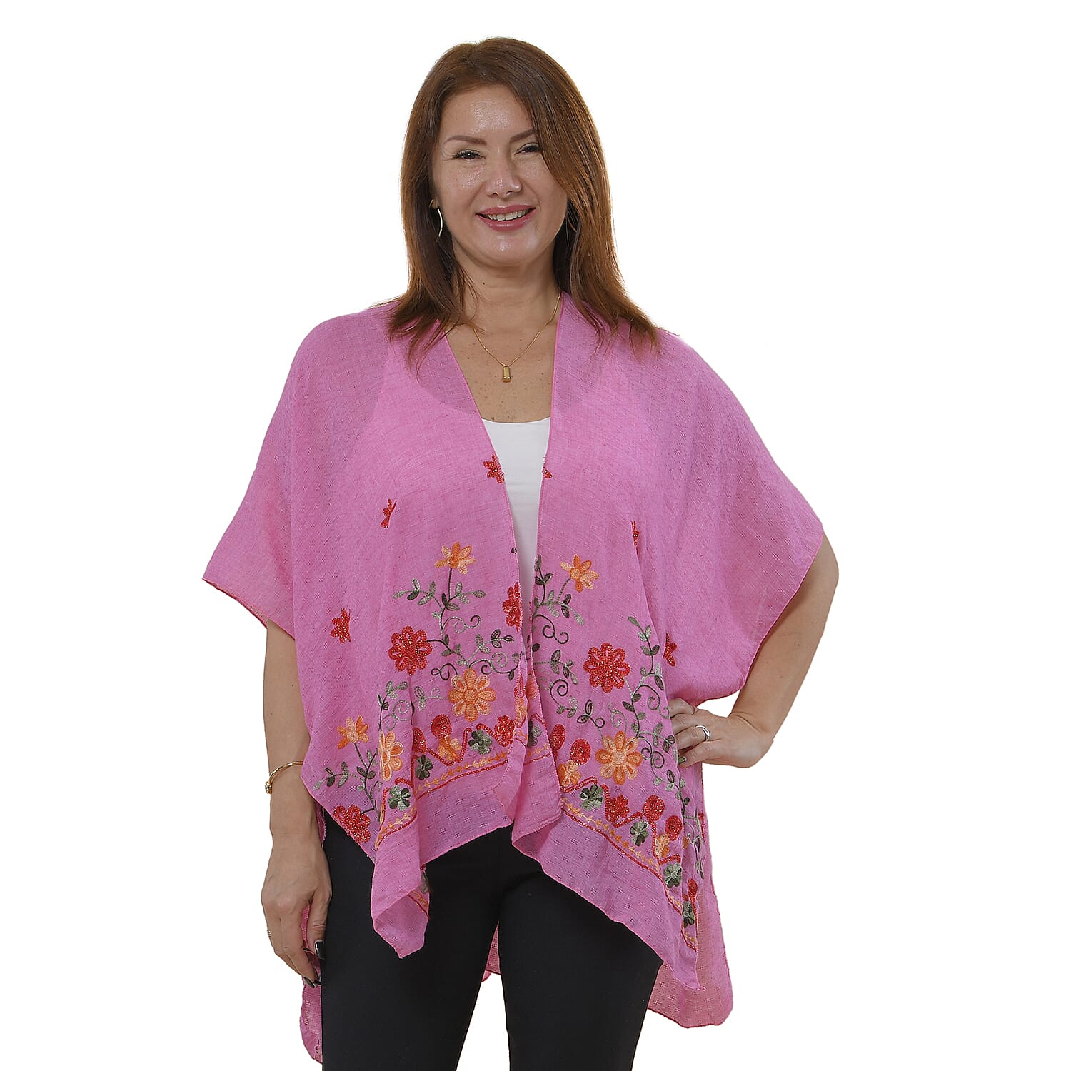 Tamsy Floral Embroidery Kimono (One Size) - Pink