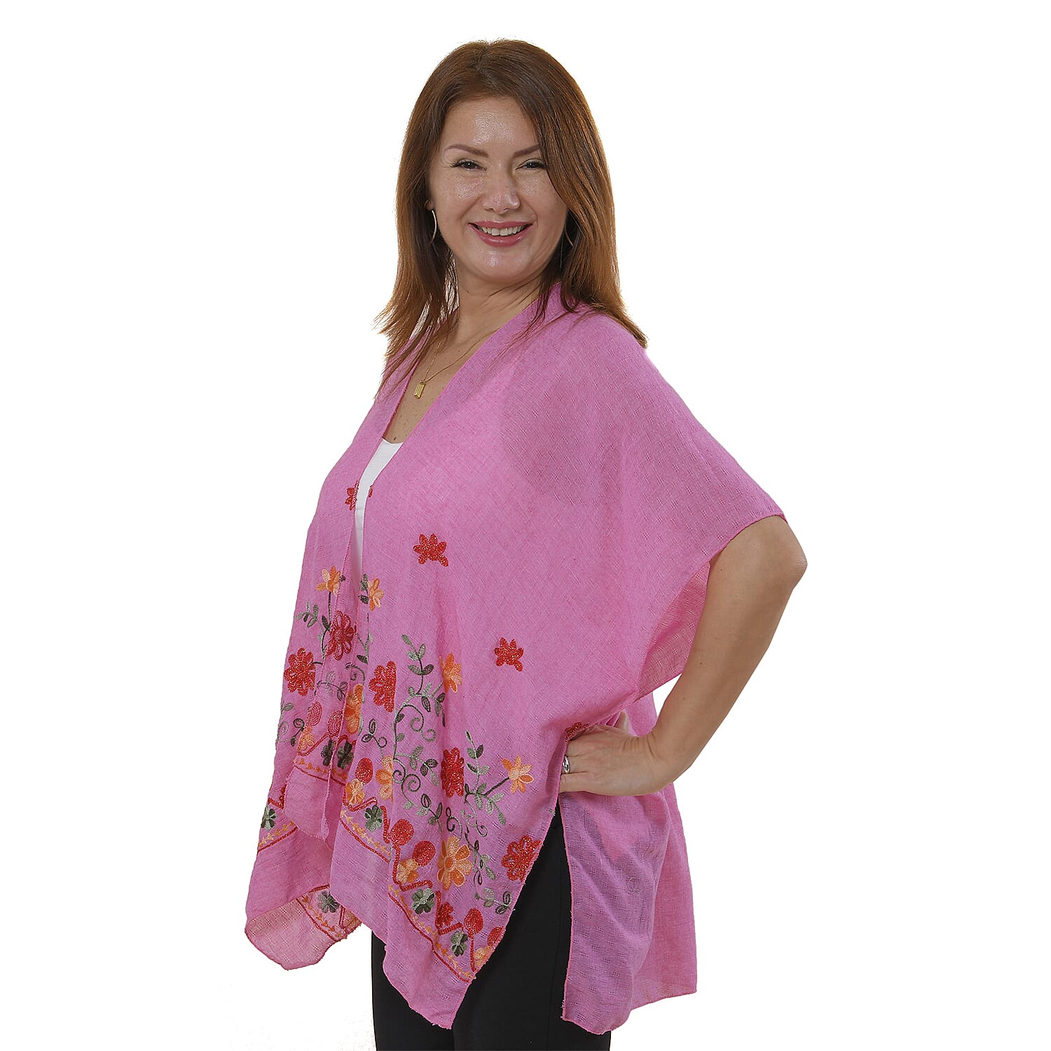 Tamsy Floral Embroidery Kimono (One Size) - Pink