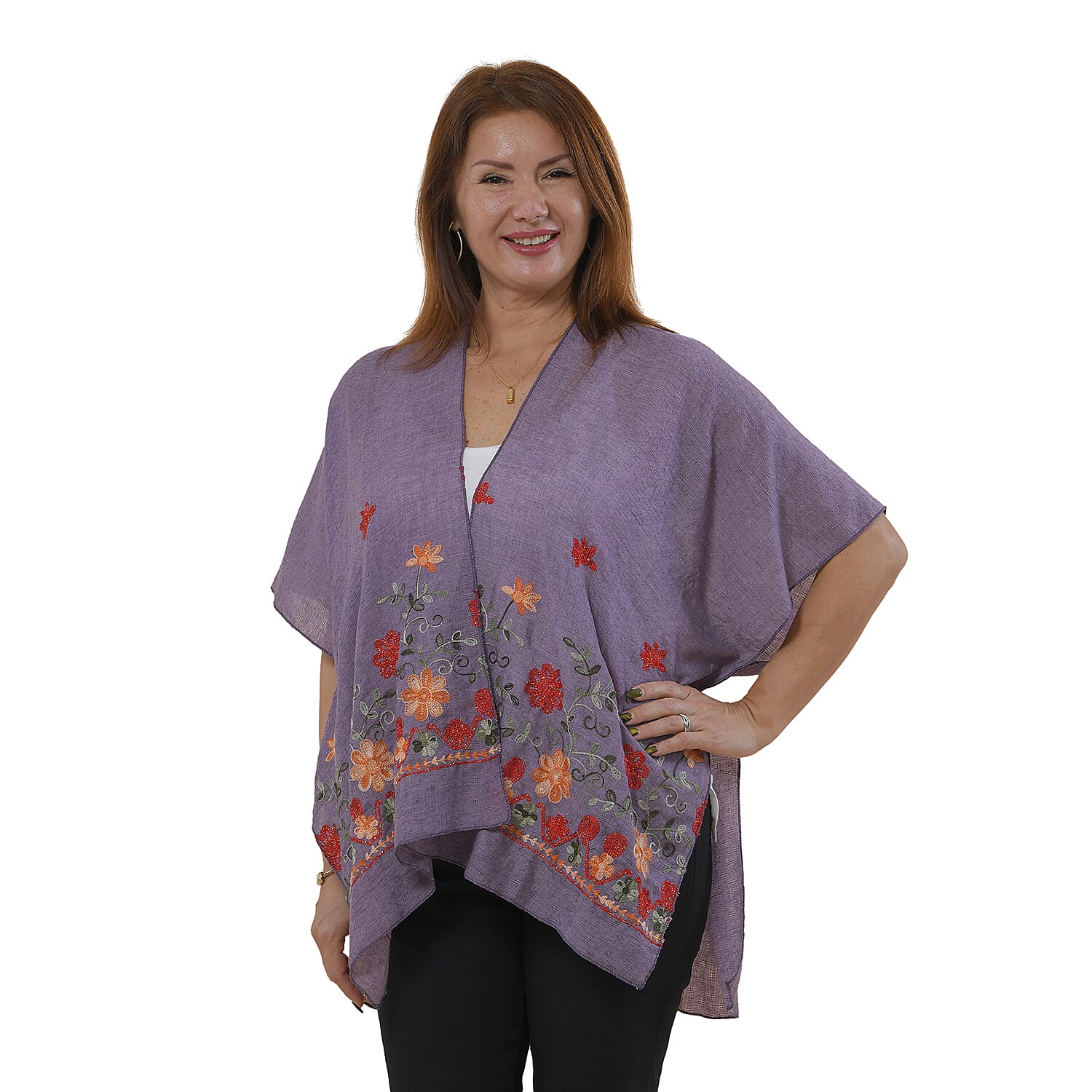 Tamsy Floral Embroidery Kimono (One Size) - Purple