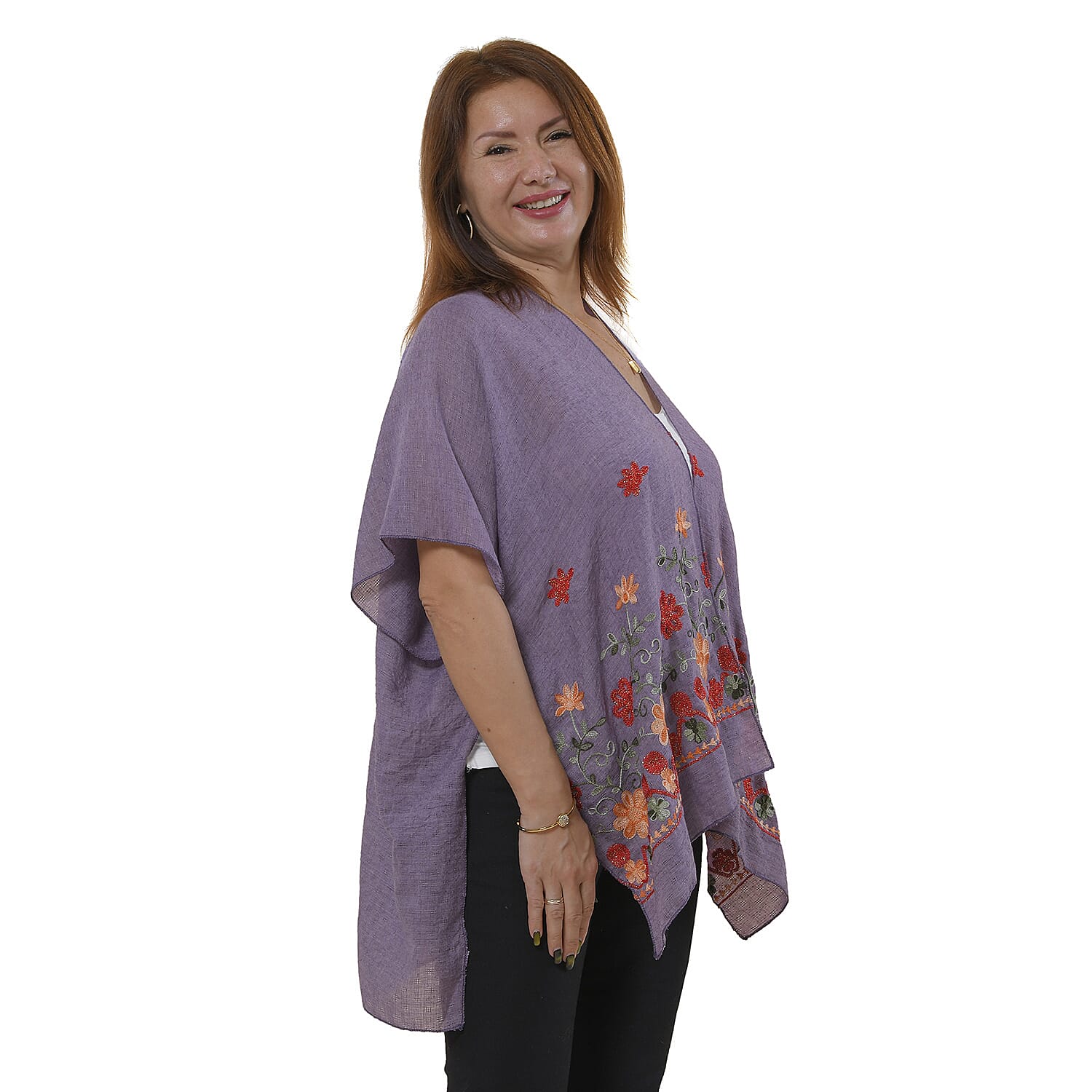 Tamsy Floral Embroidery Kimono (One Size) - Purple