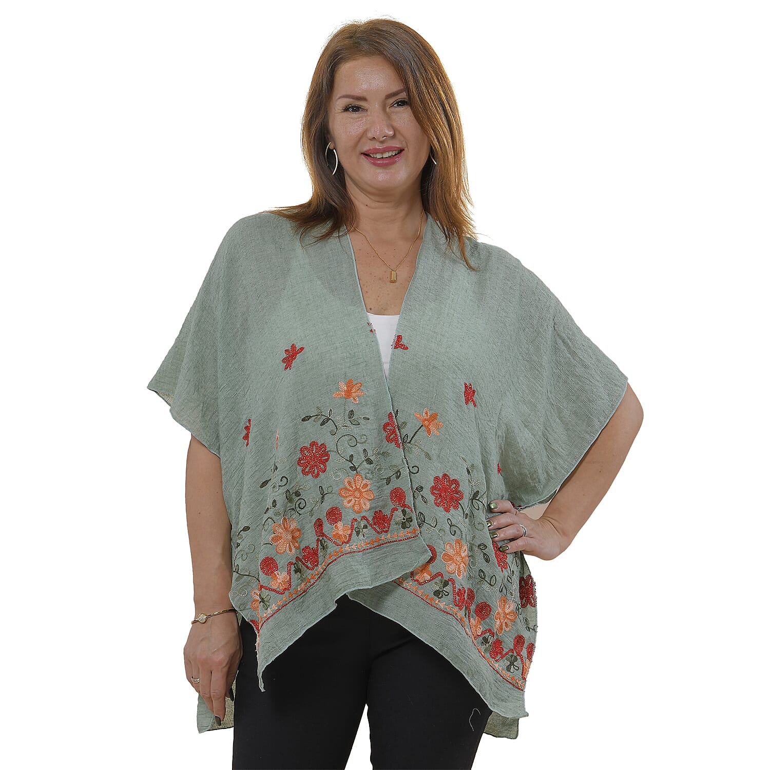 Tamsy Floral Embroidery Kimono (One Size) - Cyan