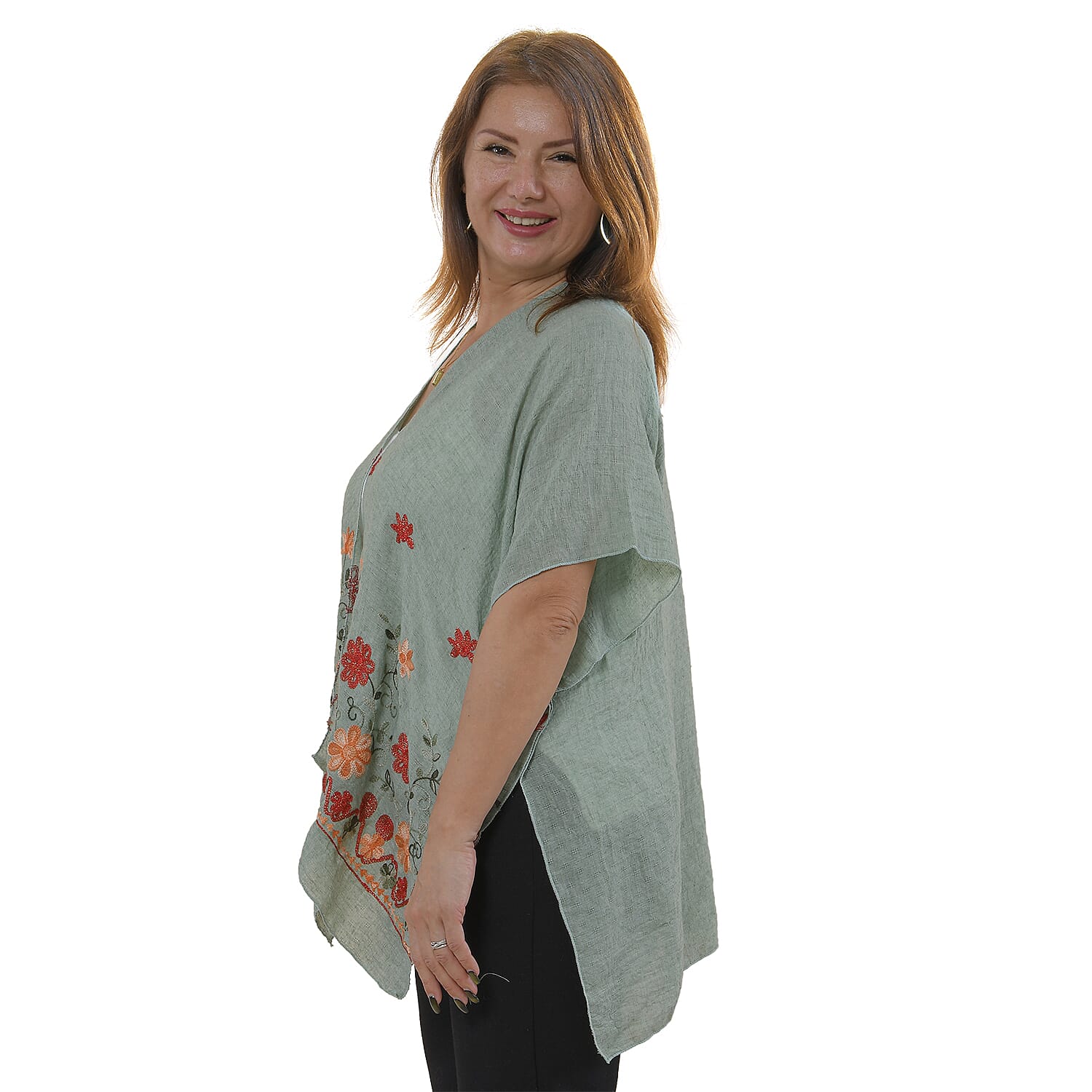 Tamsy Floral Embroidery Kimono (One Size) - Cyan