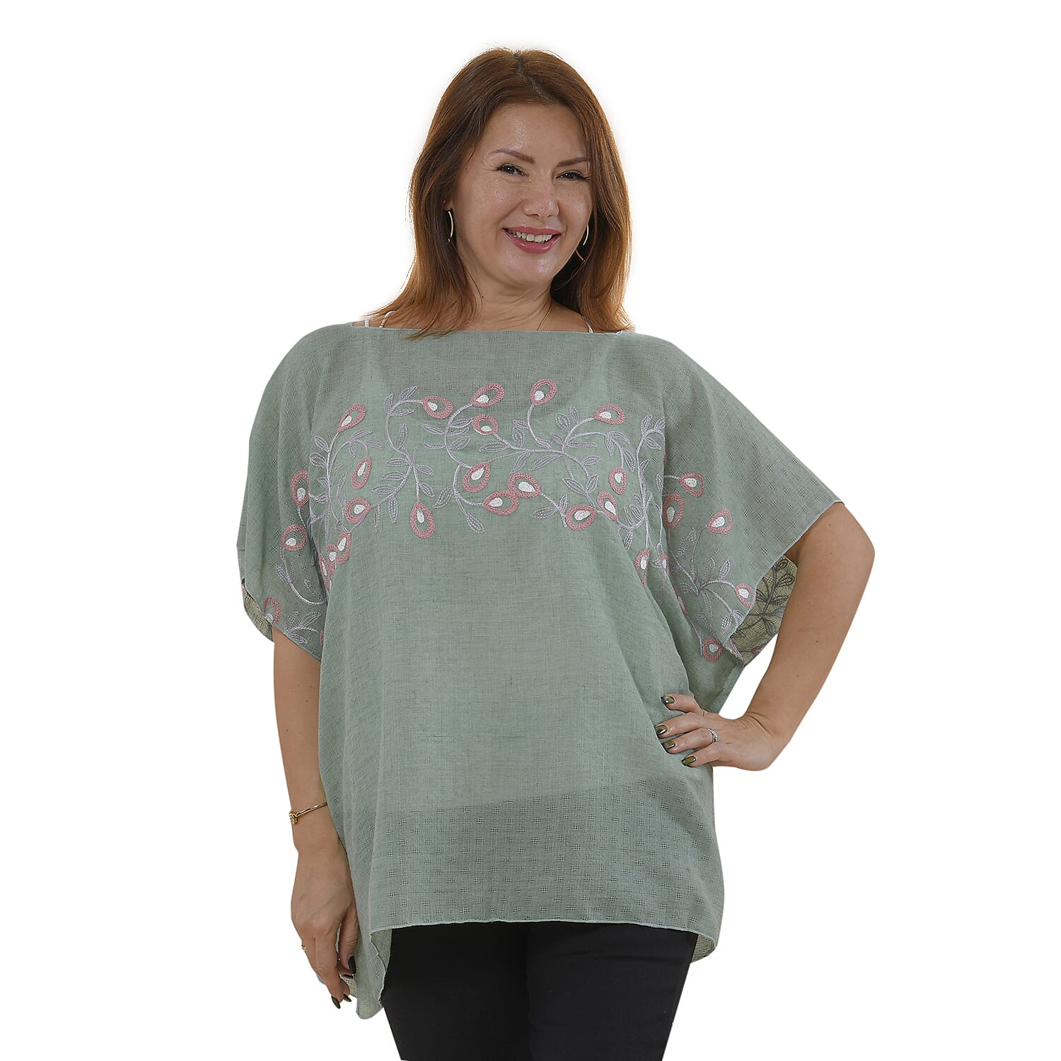 Tamsy Floral Embroidery Kaftan (One Size) - Cyan