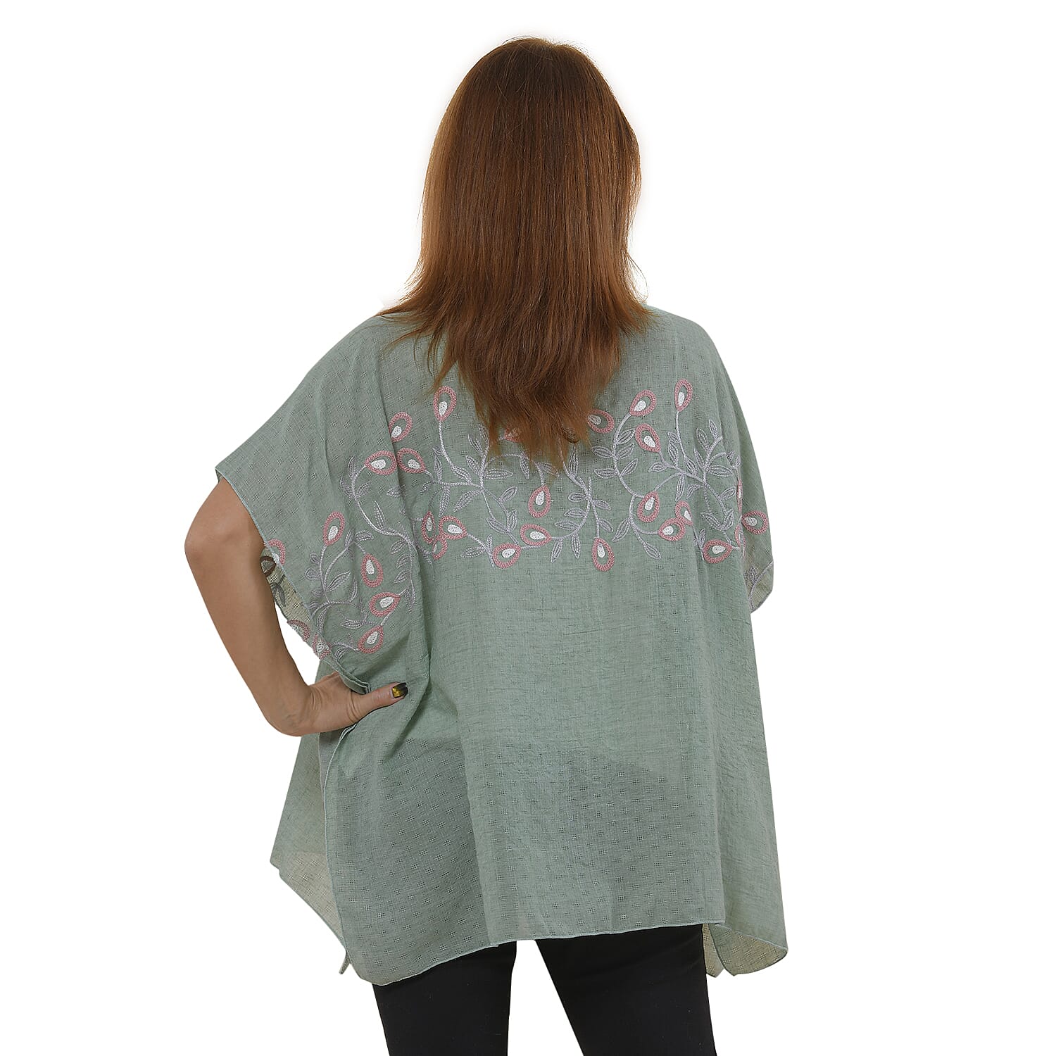 Tamsy Floral Embroidery Kaftan (One Size) - Cyan